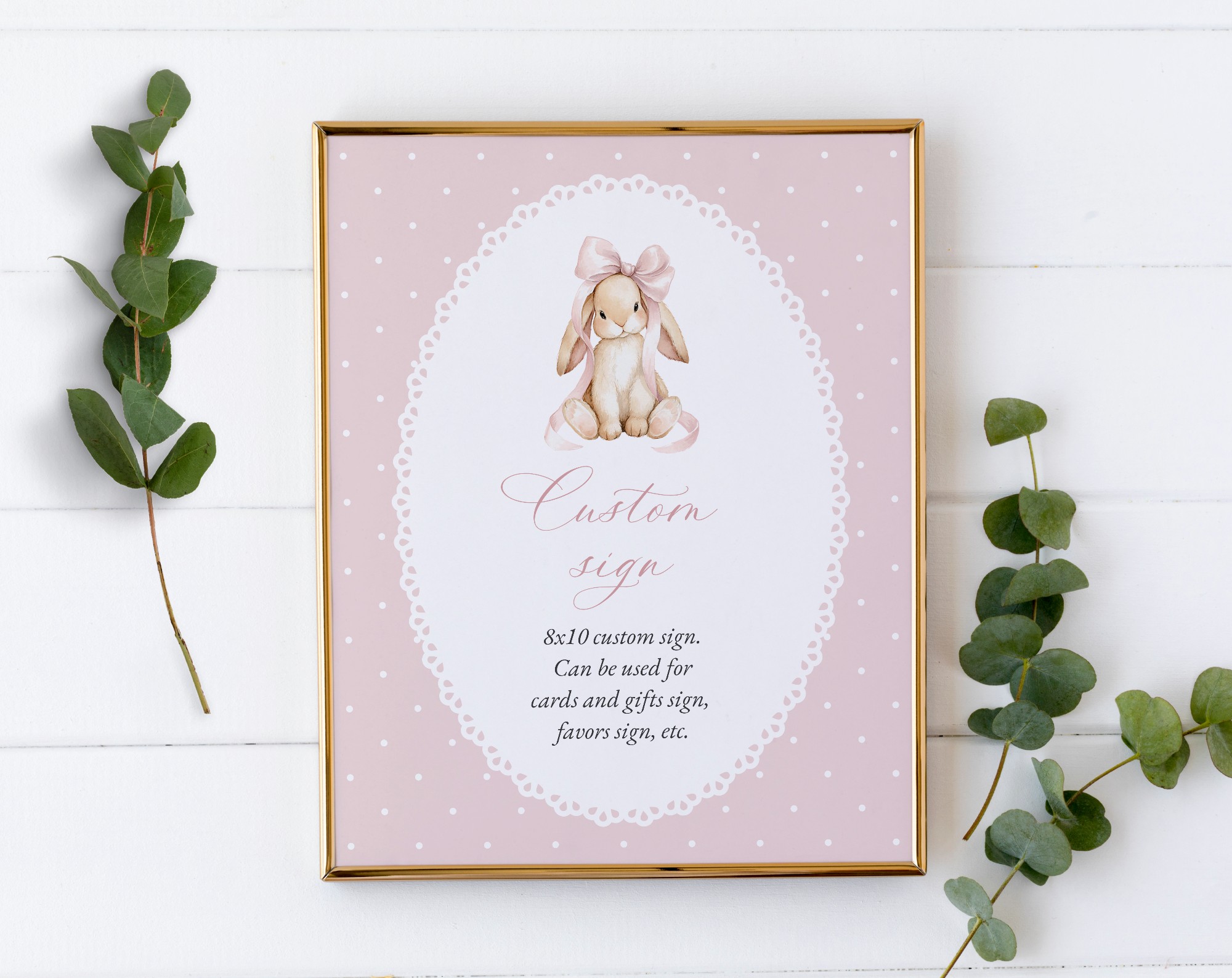Bunny and Pink Polka Dots Custom Sign, Printable File, Edit Yourself, SH243 SH244