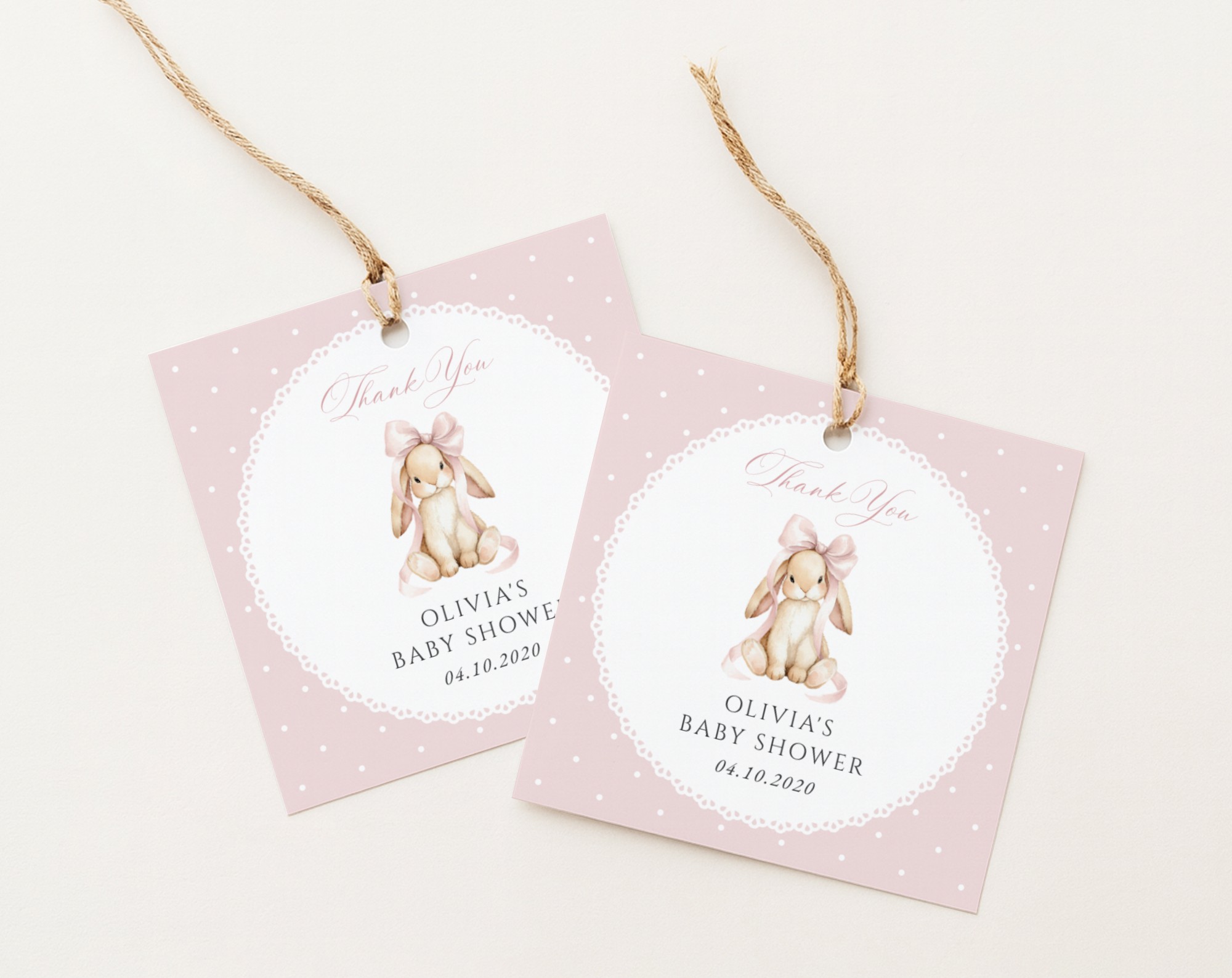 SH243 Favor Tags 3 Bunny and Pink Polka Dots Favor Tags, Gift Tags, Girl Baby Shower, Printable File, Edit Yourself, SH243