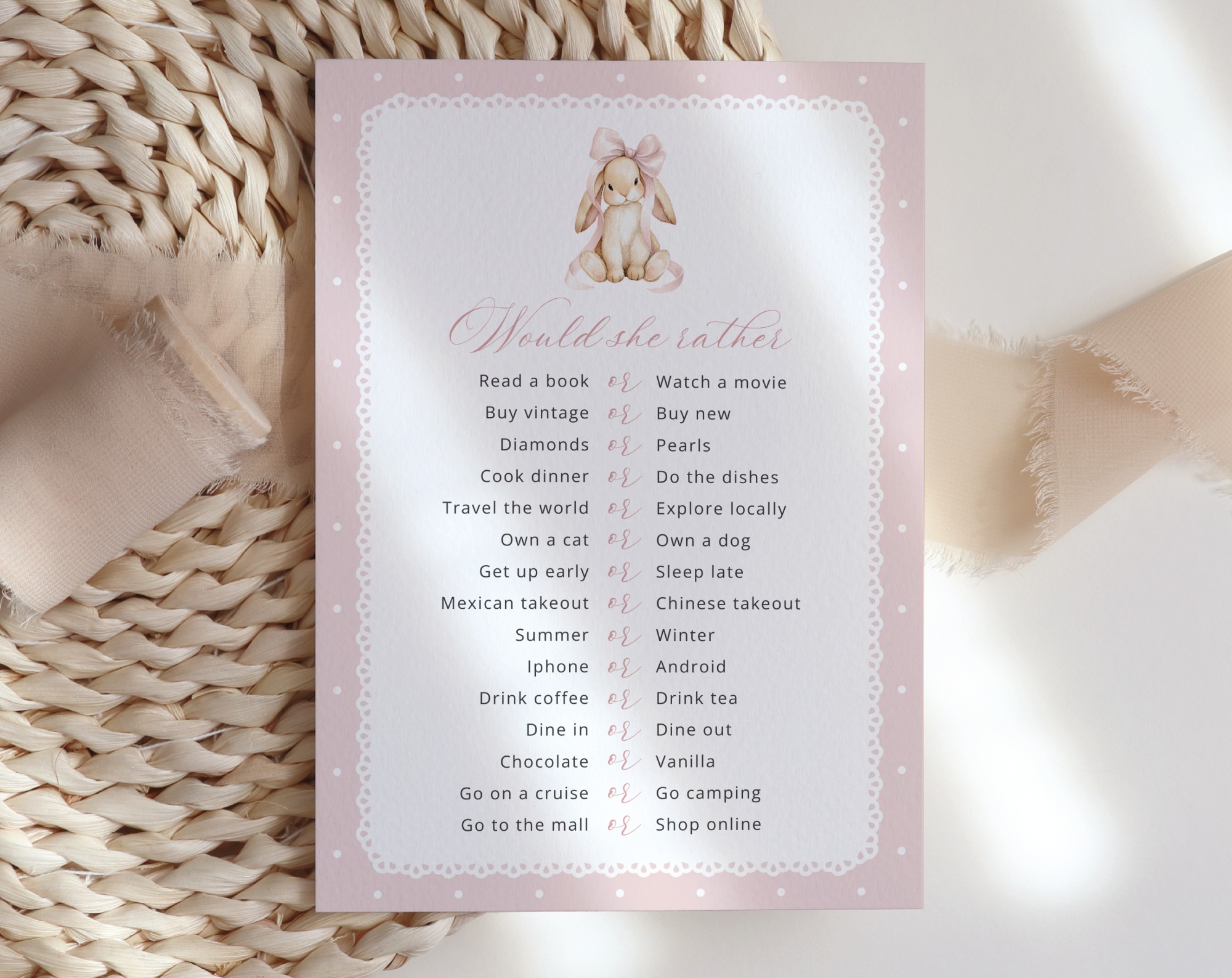 Bunny and Pink Polka Dots Baby Shower Games, Set of 3 Games, Girl Baby Shower, Printable File, Edit Yourself, SH243