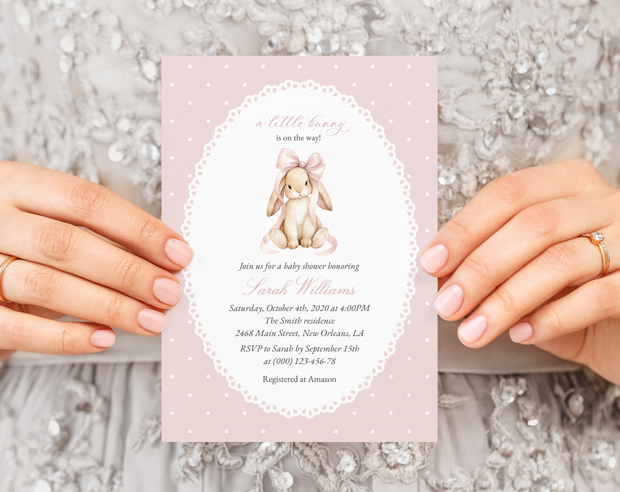 Bunny and Pink Polka Dots Baby Shower Invitation, Girl Baby Shower, Printable File, Edit Yourself, SH243