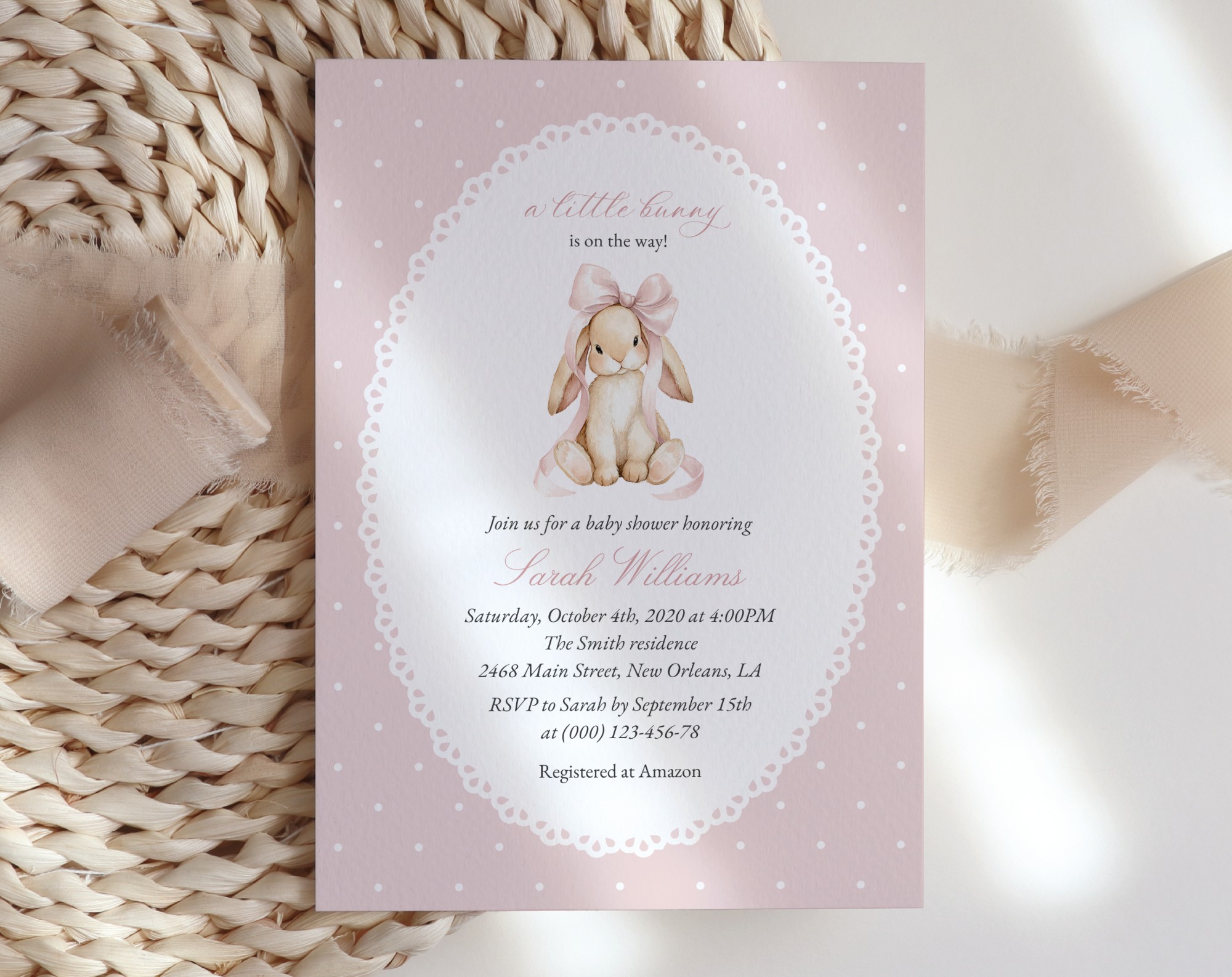 Bunny and Pink Polka Dots Baby Shower Invitation, Girl Baby Shower, Printable File, Edit Yourself, SH243