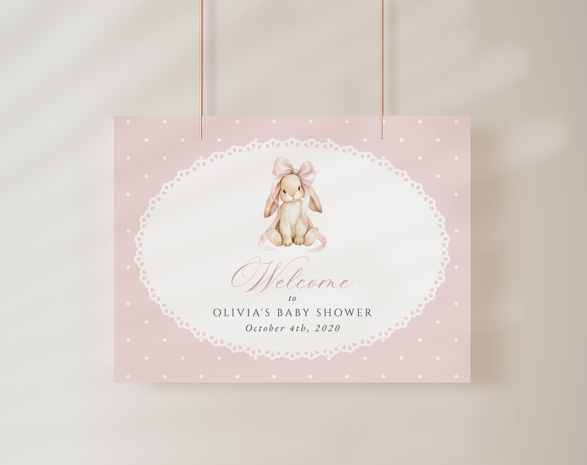 Bunny and Pink Polka Dots Welcome Sign, Baby Shower Sign, Girl Baby Shower, Printable File, Edit Yourself, SH243
