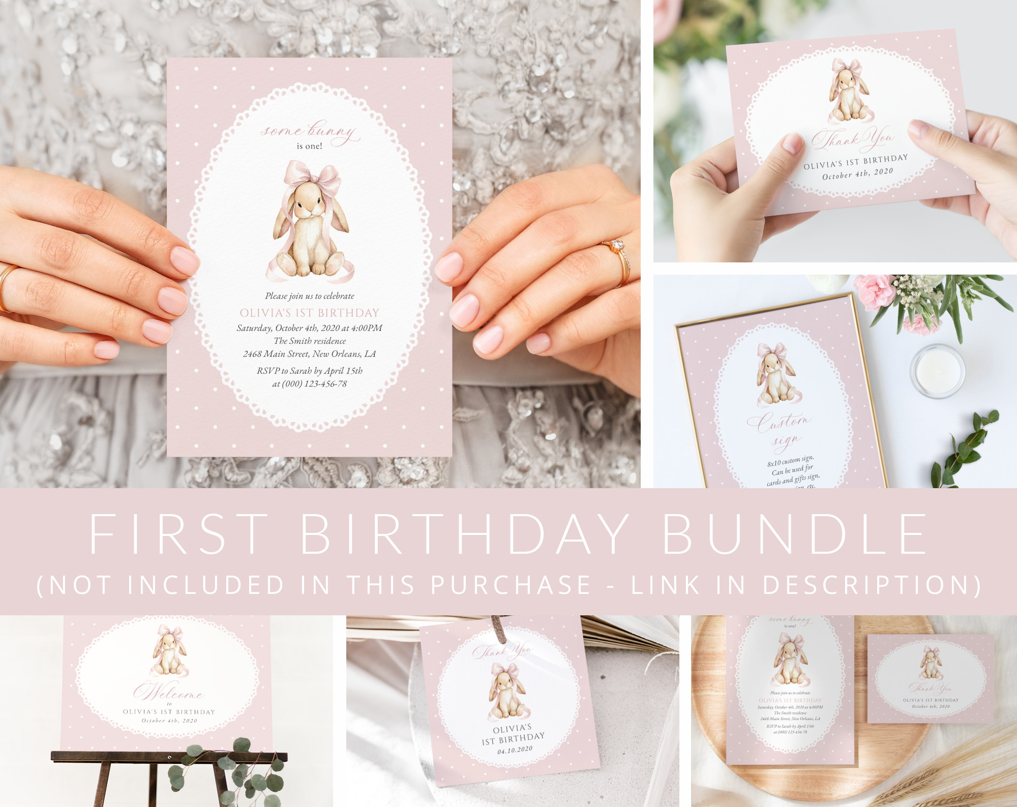 SH244 Birthday Bundle Bunny and Pink Polka Dots First Birthday Mini Bundle, Girl Birthday, Printable File, Edit Yourself, SH244