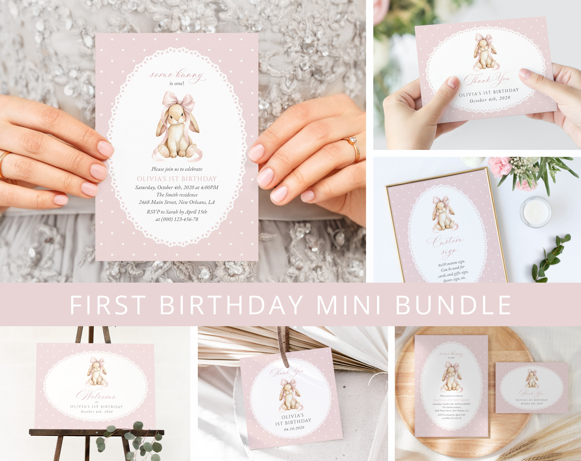 Bunny and Pink Polka Dots First Birthday Mini Bundle, Girl Birthday, Printable File, Edit Yourself, SH244 Bunny and Pink Polka Dots First Birthday Mini Bundle, Girl Birthday, Printable File, Edit Yourself, SH244