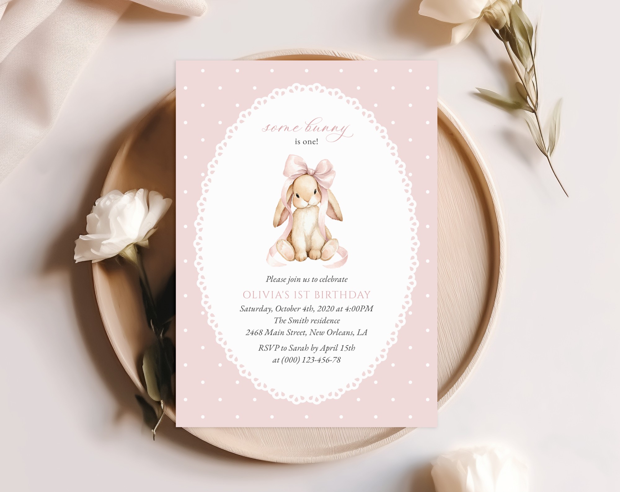 Bunny and Pink Polka Dots First Birthday Invitation, Birthday Stationery, Girl Birthday, Printable File, Edit Yourself, SH244 Bunny and Pink Polka Dots First Birthday Invitation, Birthday Stationery, Girl Birthday, Printable File, Edit Yourself, SH244