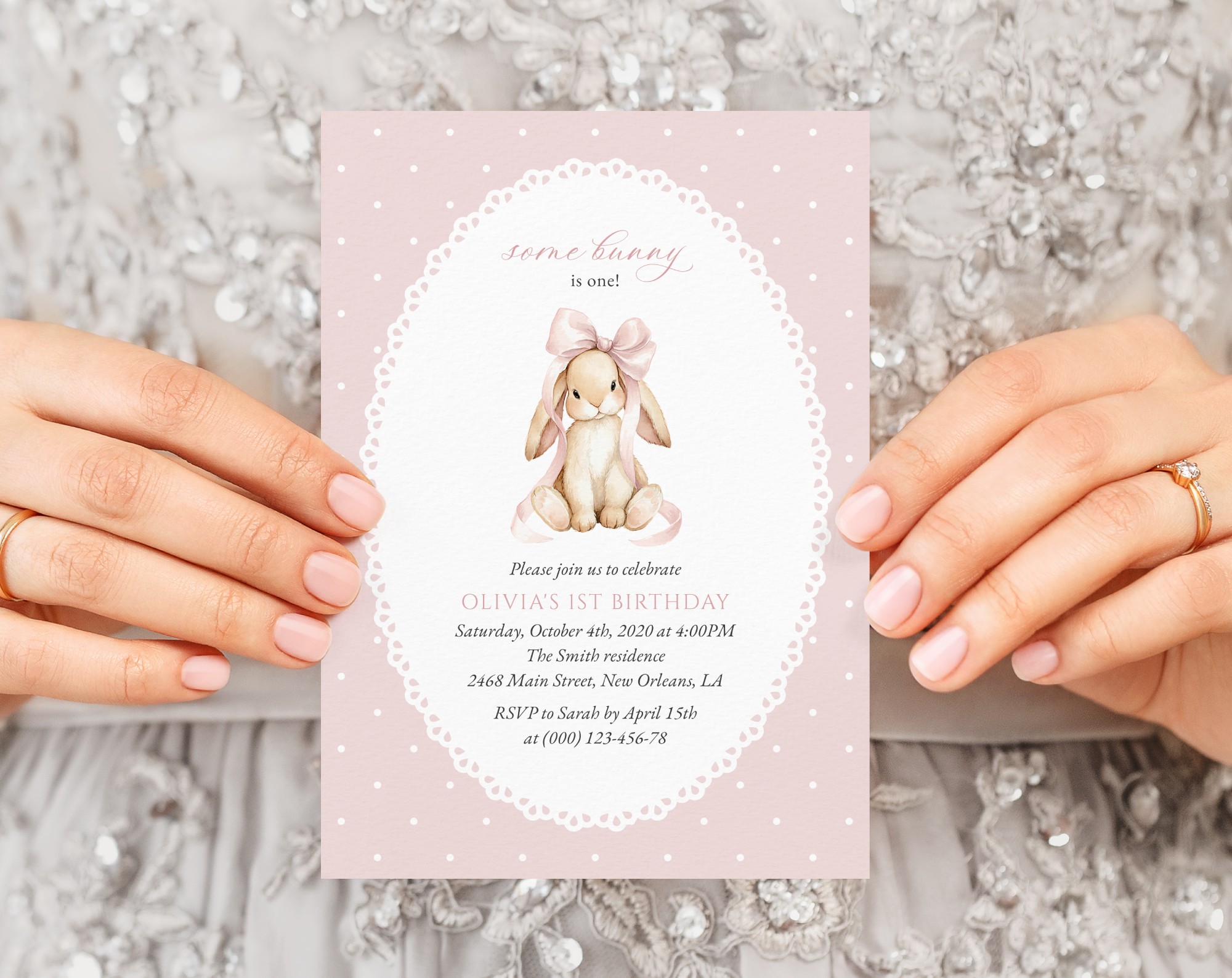 Bunny and Pink Polka Dots First Birthday Invitation, Birthday Stationery, Girl Birthday, Printable File, Edit Yourself, SH244 Bunny and Pink Polka Dots First Birthday Invitation, Birthday Stationery, Girl Birthday, Printable File, Edit Yourself, SH244