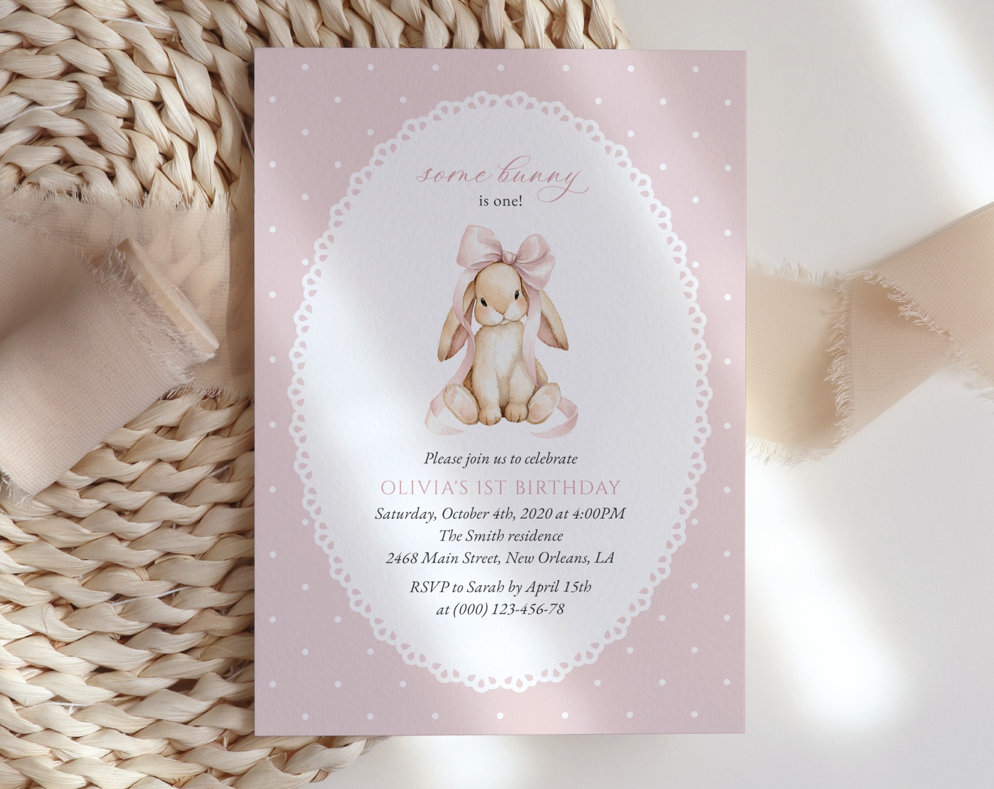 Bunny and Pink Polka Dots First Birthday Invitation, Birthday Stationery, Girl Birthday, Printable File, Edit Yourself, SH244 Bunny and Pink Polka Dots First Birthday Invitation, Birthday Stationery, Girl Birthday, Printable File, Edit Yourself, SH244