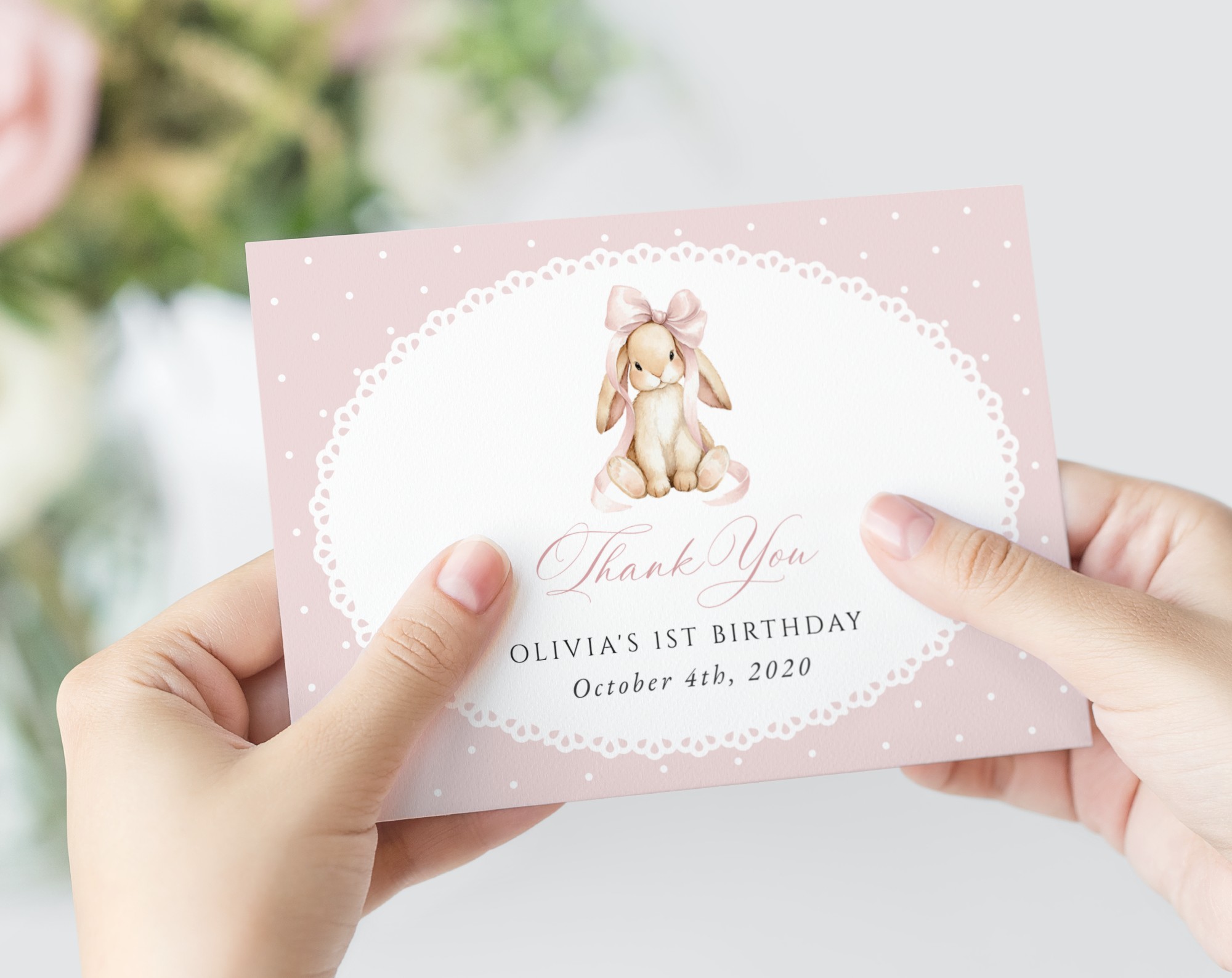 Bunny and Pink Polka Dots Thank You Card, First Birthday, Girl Birthday, Printable File, Edit Yourself, SH244 Bunny and Pink Polka Dots Thank You Card, First Birthday, Girl Birthday, Printable File, Edit Yourself, SH244