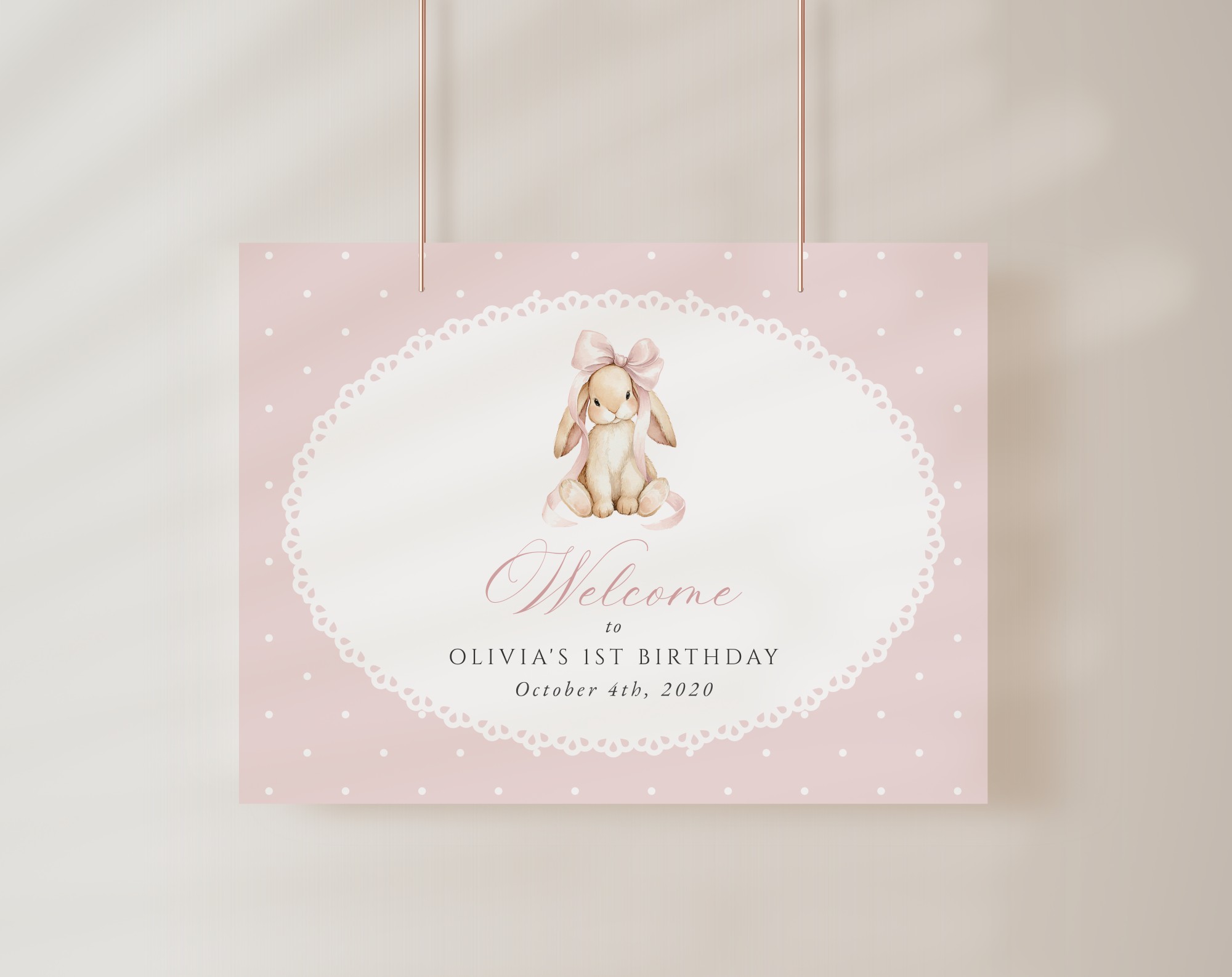 Bunny and Pink Polka Dots Welcome Sign, First Birthday, Girl Birthday, Printable File, Edit Yourself, SH244 Bunny and Pink Polka Dots Welcome Sign, First Birthday, Girl Birthday, Printable File, Edit Yourself, SH244