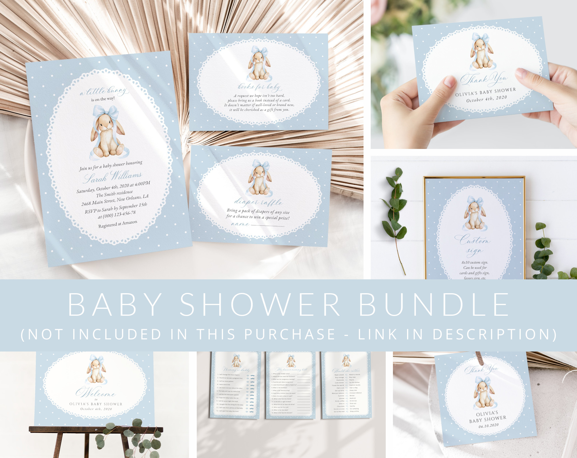 Bunny and Blue Polka Dots Baby Shower Mini Bundle, Boy Baby Shower, Printable File, Edit Yourself, SH245
