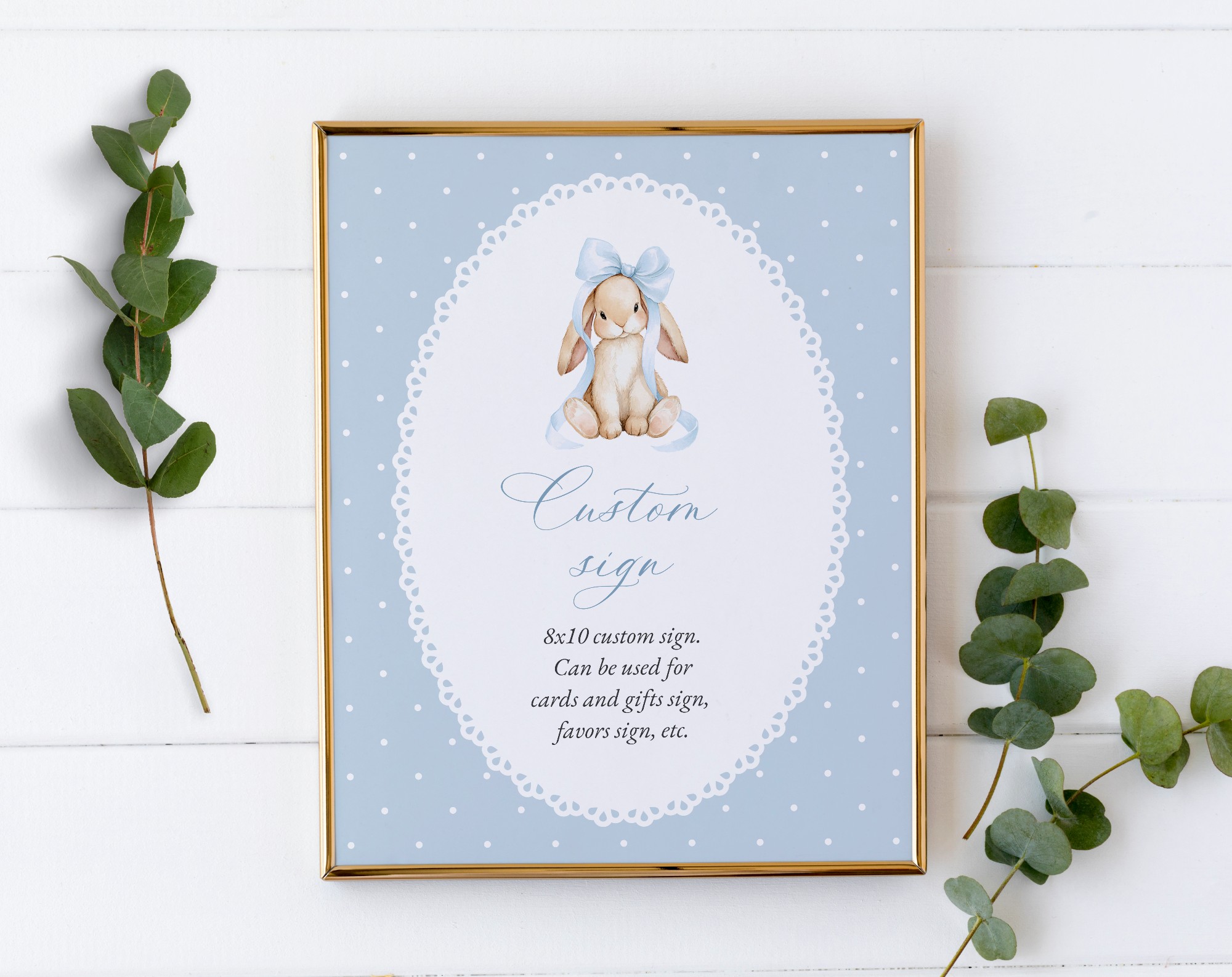 Bunny and Blue Polka Dots Custom Sign, Printable File, Edit Yourself, SH245 SH246