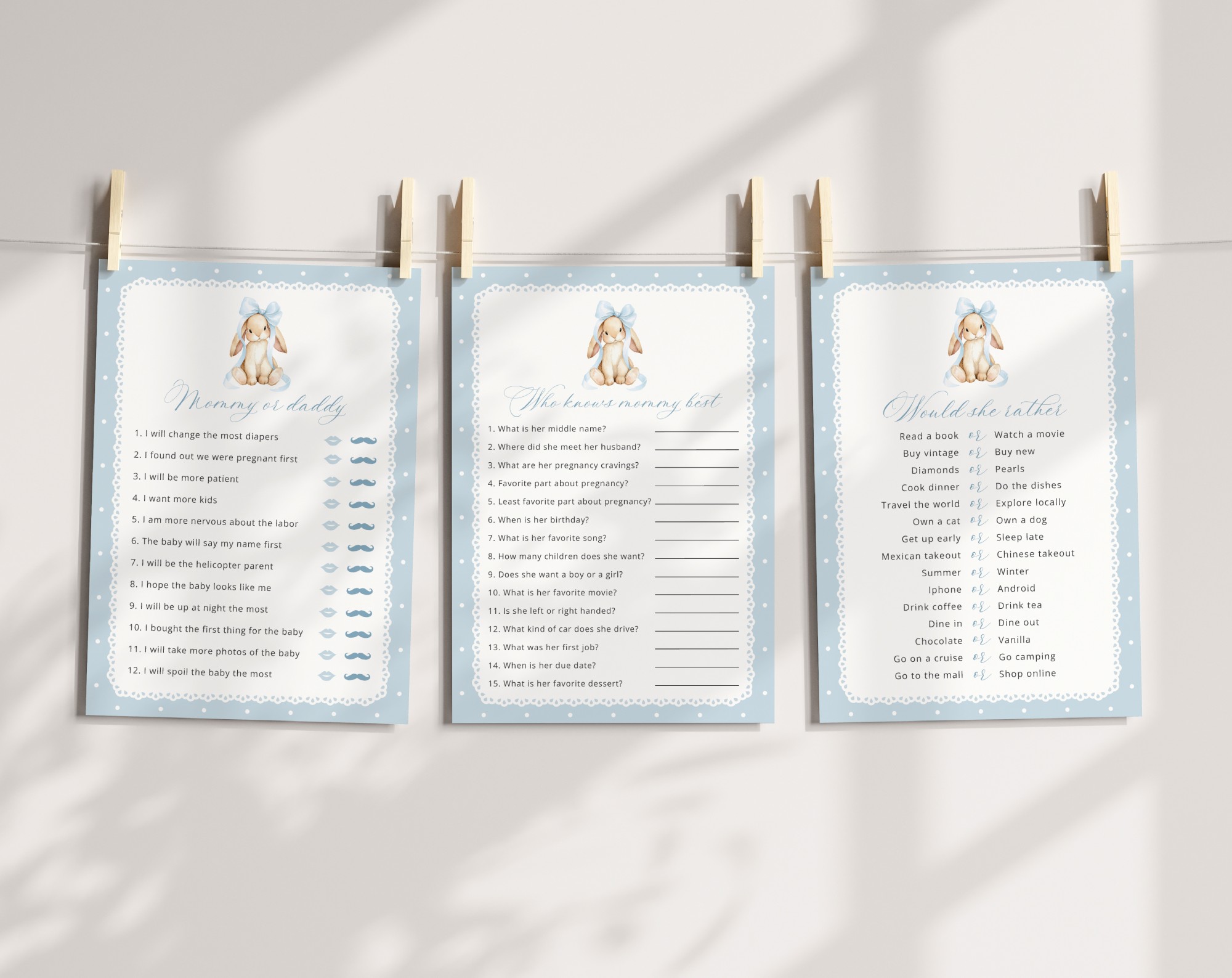 Bunny and Blue Polka Dots Baby Shower Games, Set of 3 Games, Boy Baby Shower, Printable File, Edit Yourself, SH245 Bunny and Blue Polka Dots Baby Shower Games, Set of 3 Games, Boy Baby Shower, Printable File, Edit Yourself, SH245