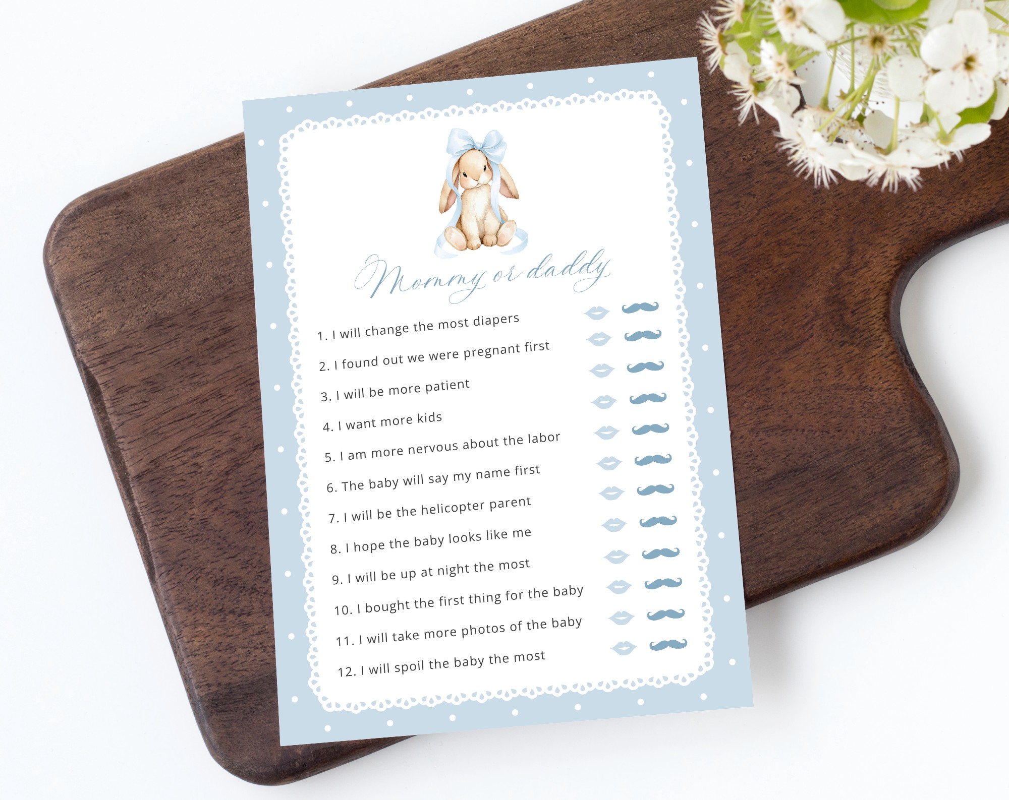 Bunny and Blue Polka Dots Baby Shower Games, Set of 3 Games, Boy Baby Shower, Printable File, Edit Yourself, SH245
