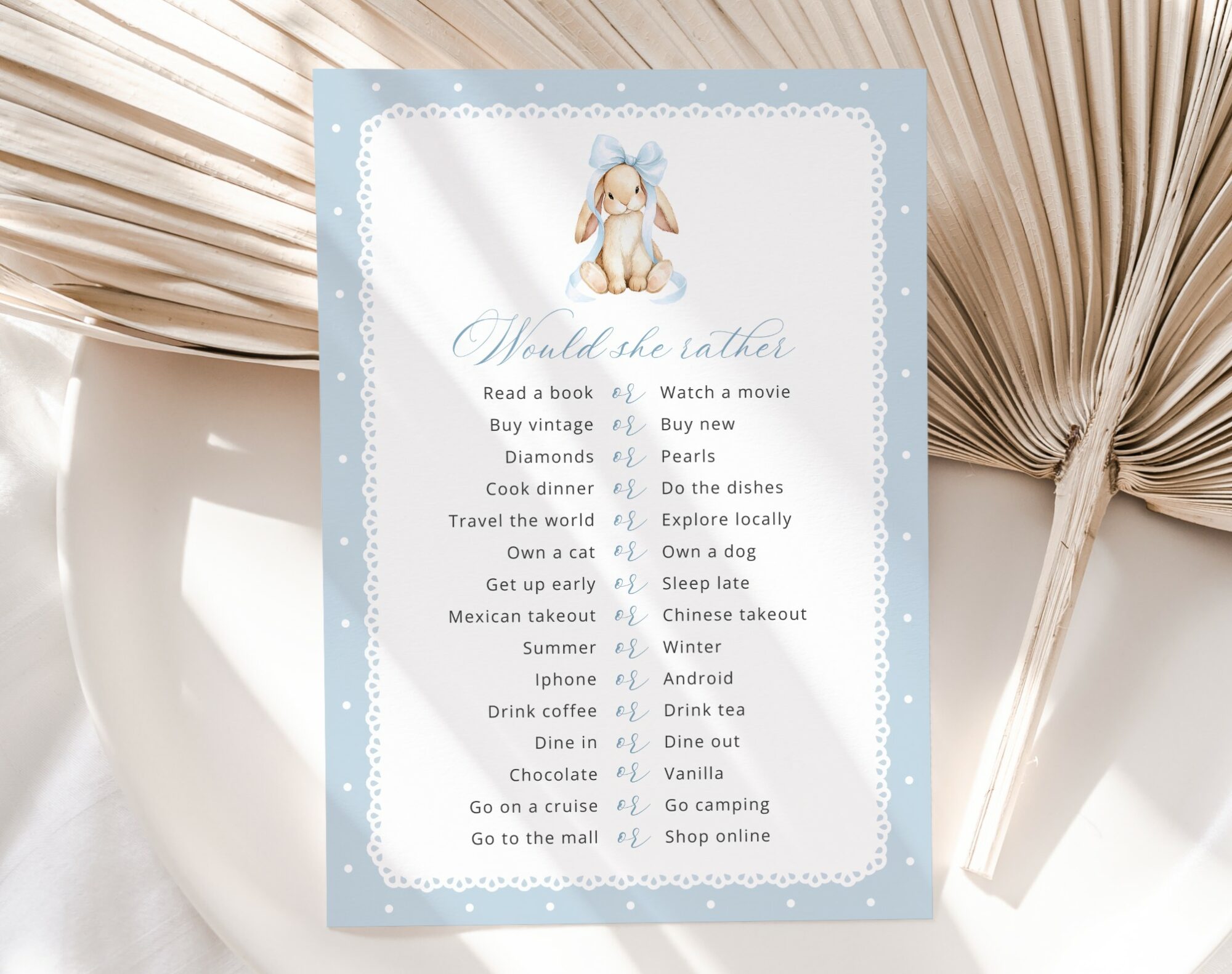 Bunny and Blue Polka Dots Baby Shower Games, Set of 3 Games, Boy Baby Shower, Printable File, Edit Yourself, SH245