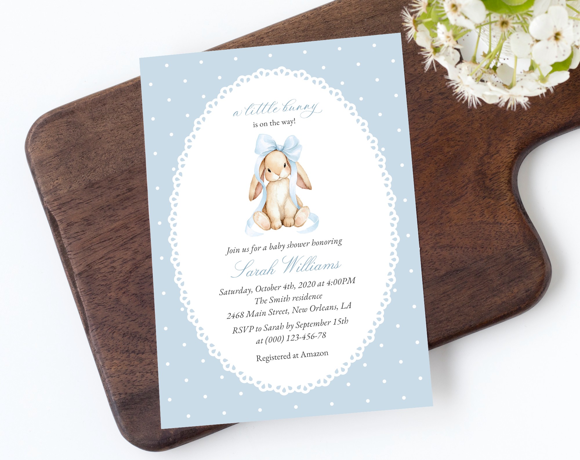 Bunny and Blue Polka Dots Baby Shower Invitation, Boy Baby Shower, Printable File, Edit Yourself, SH245
