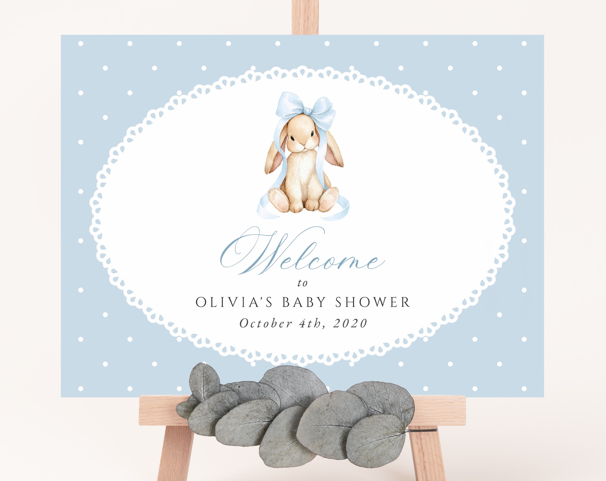 Bunny and Blue Polka Dots Welcome Sign, Baby Shower Sign, Boy Baby Shower, Printable File, Edit Yourself, SH245