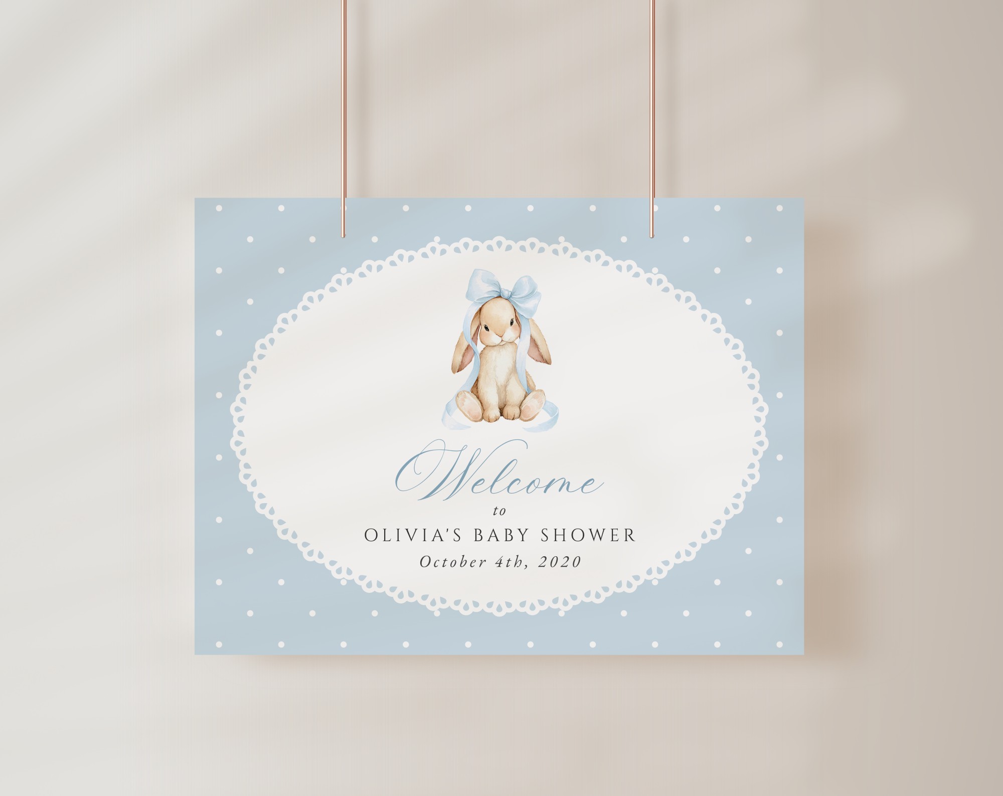 Bunny and Blue Polka Dots Welcome Sign, Baby Shower Sign, Boy Baby Shower, Printable File, Edit Yourself, SH245