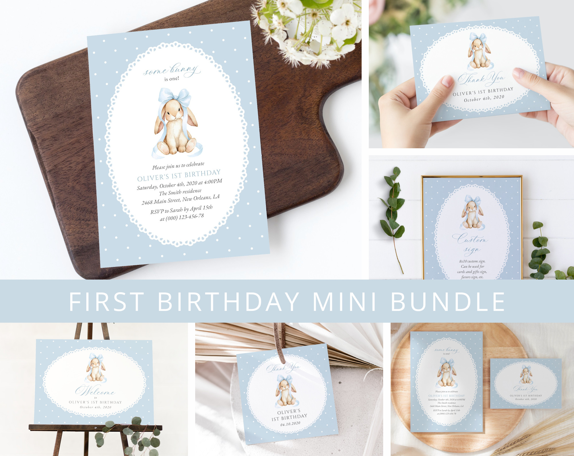 Bunny and Blue Polka Dots First Birthday Mini Bundle, Boy Birthday, Printable File, Edit Yourself, SH246