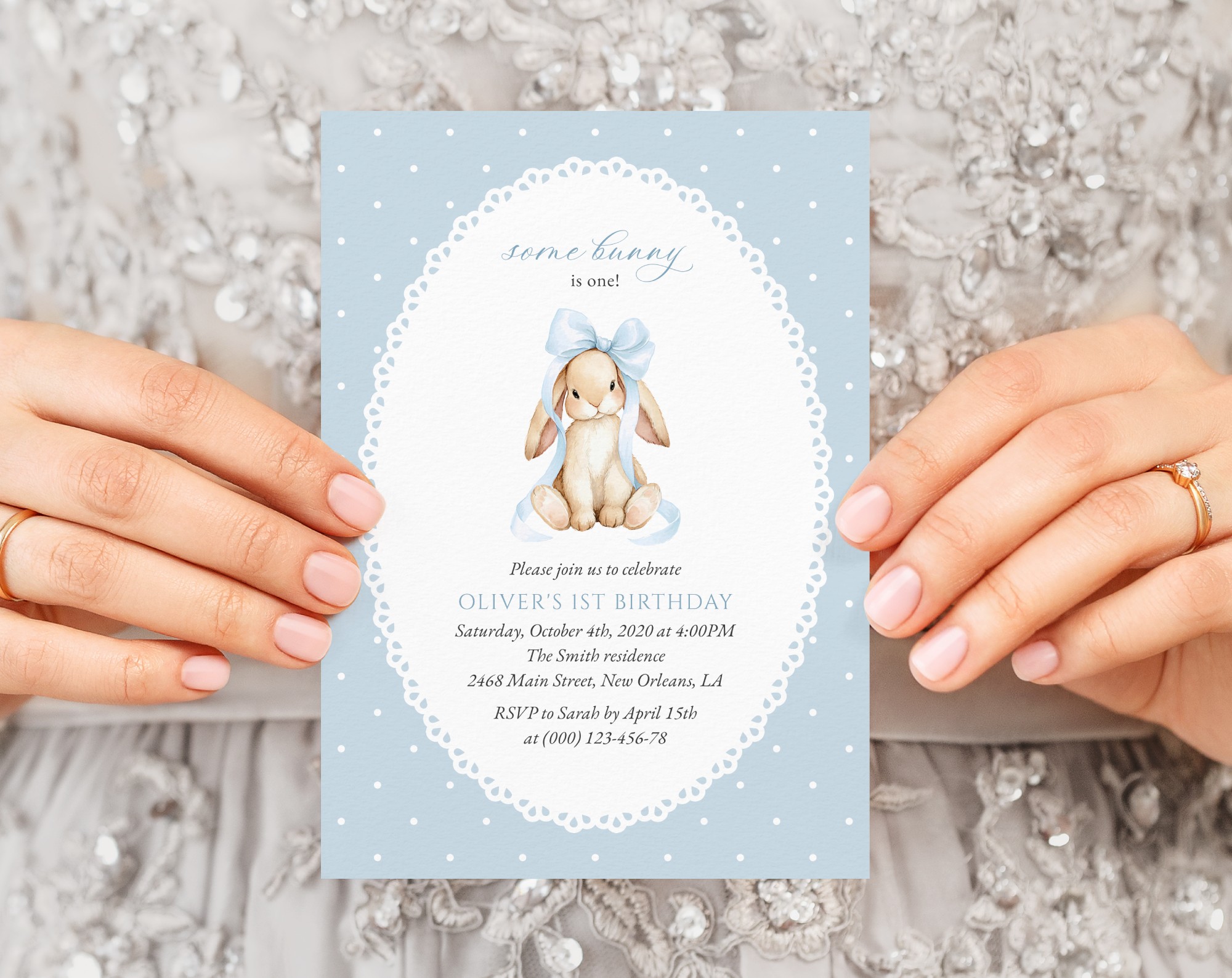 Bunny and Blue Polka Dots First Birthday Invitation, Birthday Stationery, Boy Birthday, Printable File, Edit Yourself, SH246