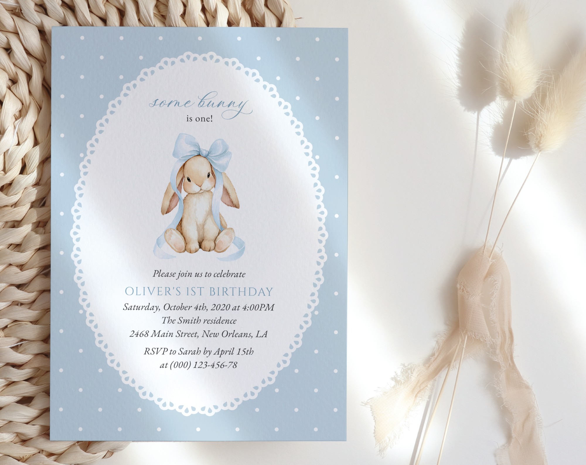 Bunny and Blue Polka Dots First Birthday Invitation, Birthday Stationery, Boy Birthday, Printable File, Edit Yourself, SH246
