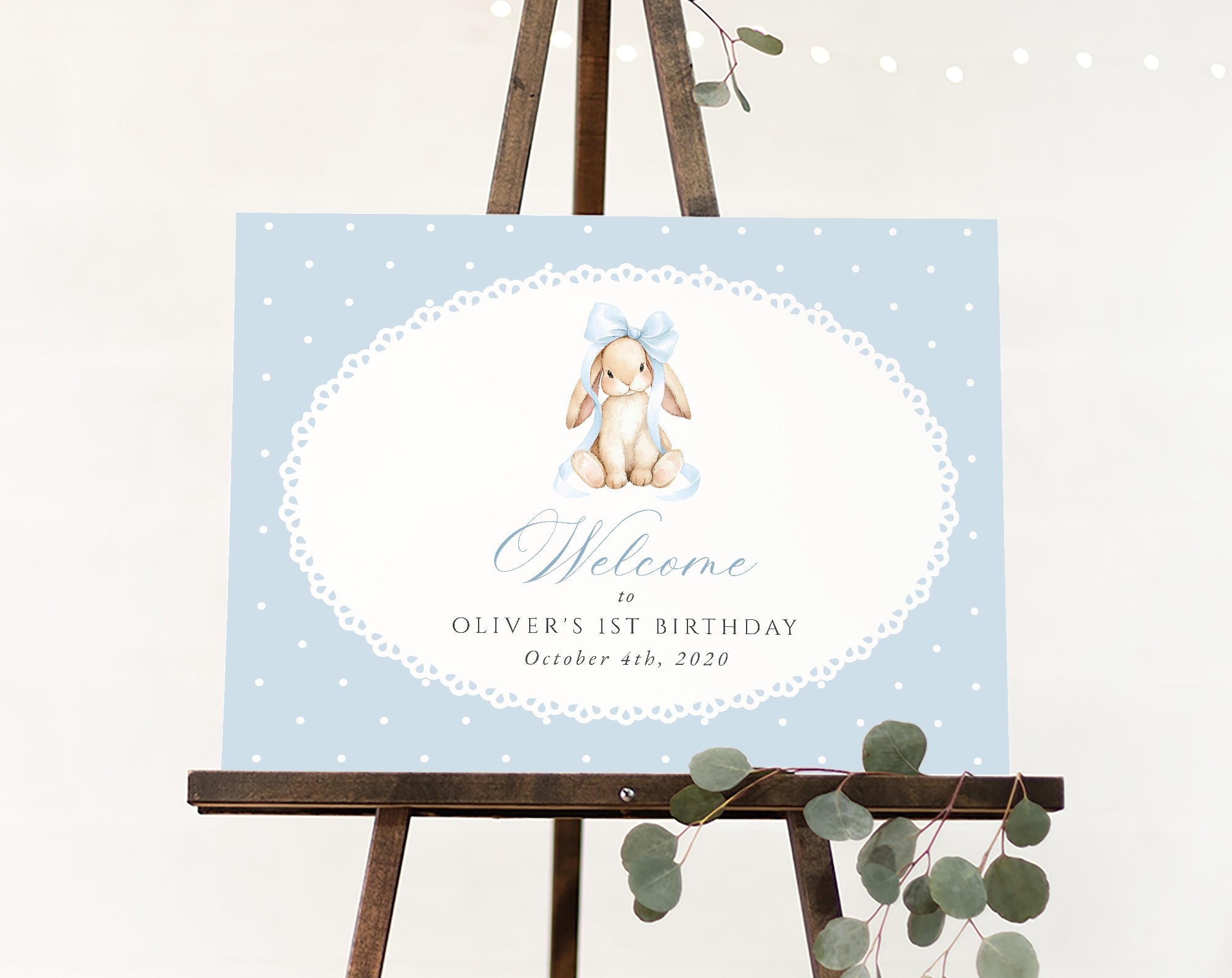 Bunny and Blue Polka Dots Welcome Sign, First Birthday, Boy Birthday, Printable File, Edit Yourself, SH246