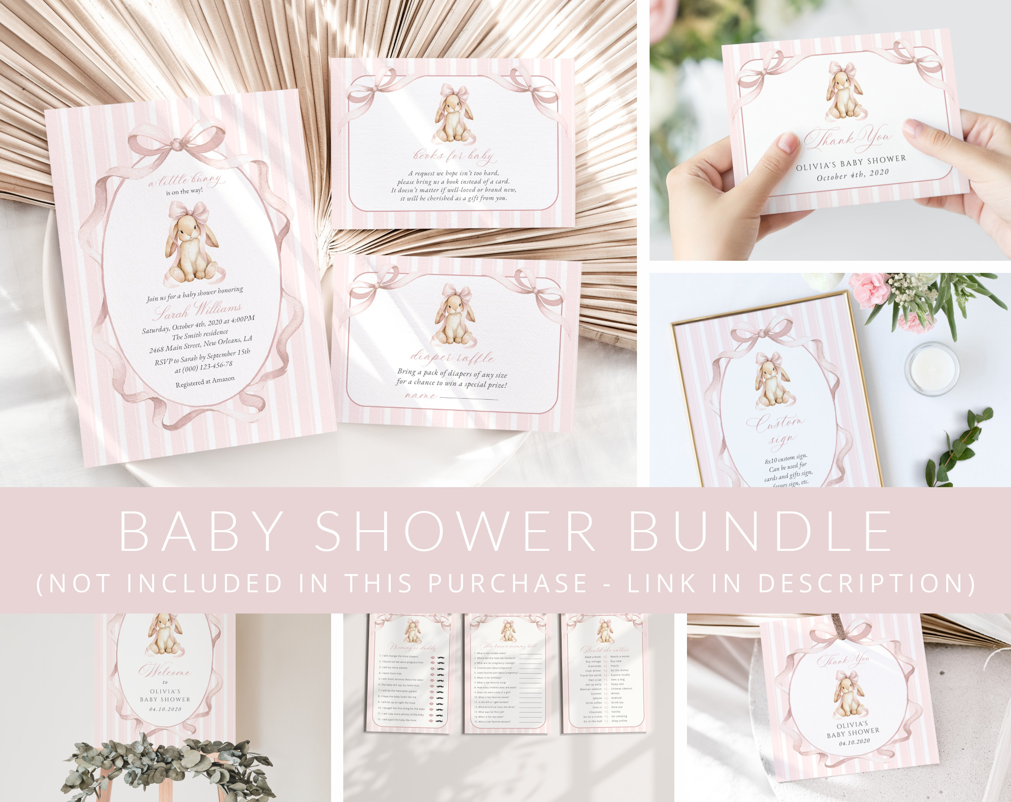 Bunny and Pink Stripes Baby Shower Mini Bundle, Girl Baby Shower, Printable File, Edit Yourself, SH247 Bunny and Pink Stripes Baby Shower Mini Bundle, Girl Baby Shower, Printable File, Edit Yourself, SH247