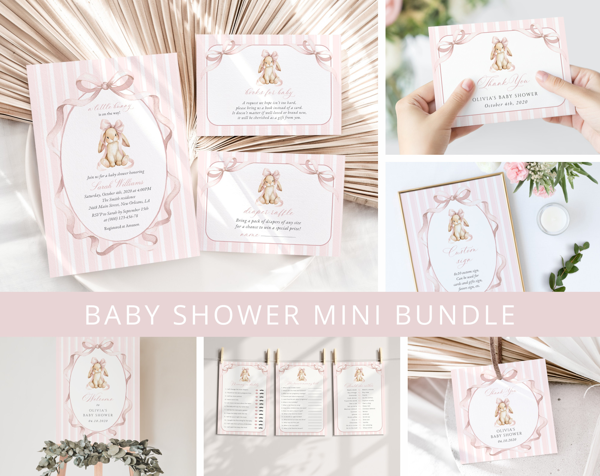 Bunny and Pink Stripes Baby Shower Mini Bundle, Girl Baby Shower, Printable File, Edit Yourself, SH247 Bunny and Pink Stripes Baby Shower Mini Bundle, Girl Baby Shower, Printable File, Edit Yourself, SH247