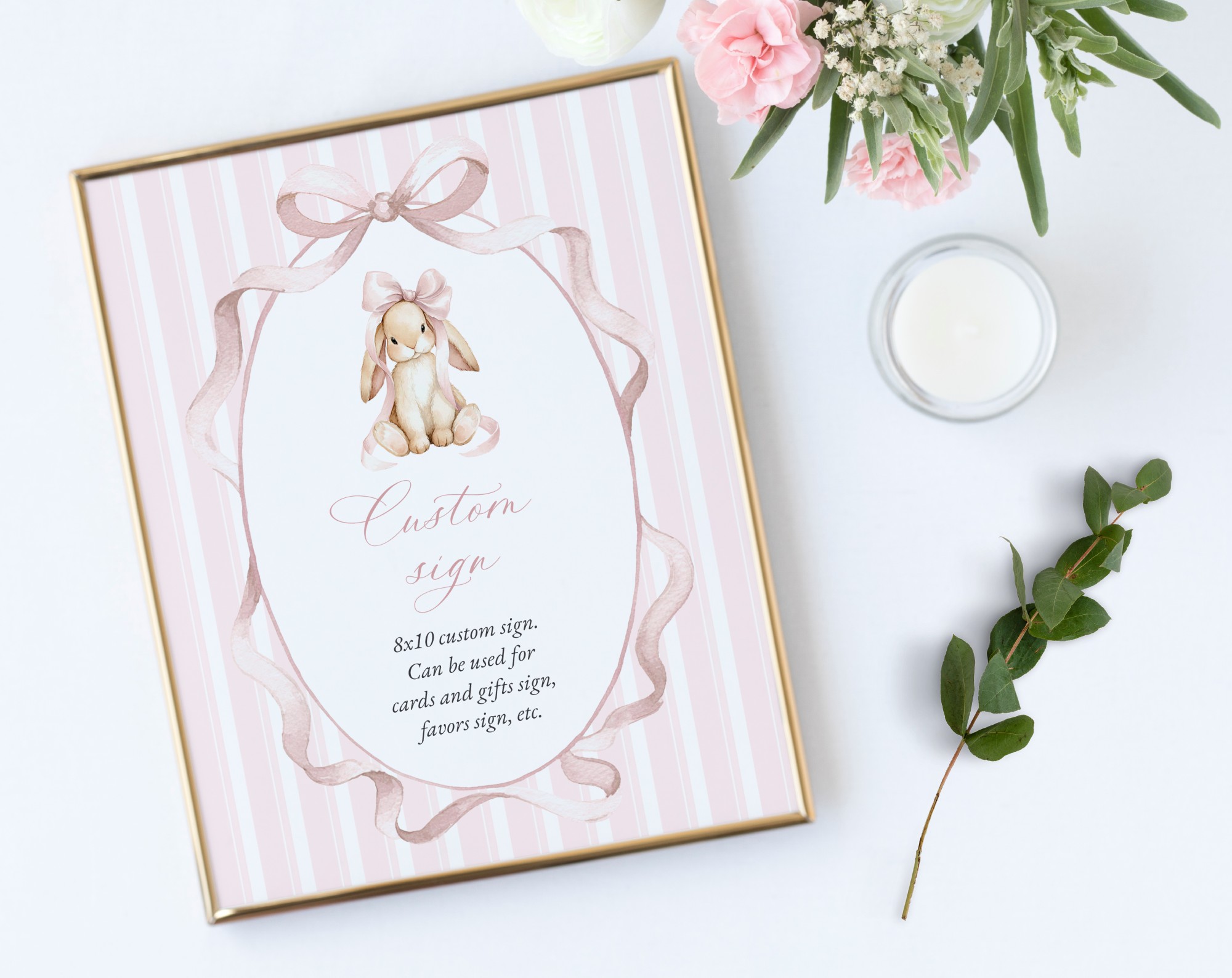 Bunny and Pink Stripes Custom Sign, Printable File, Edit Yourself, SH247 SH248 Bunny and Pink Stripes Custom Sign, Printable File, Edit Yourself, SH247 SH248