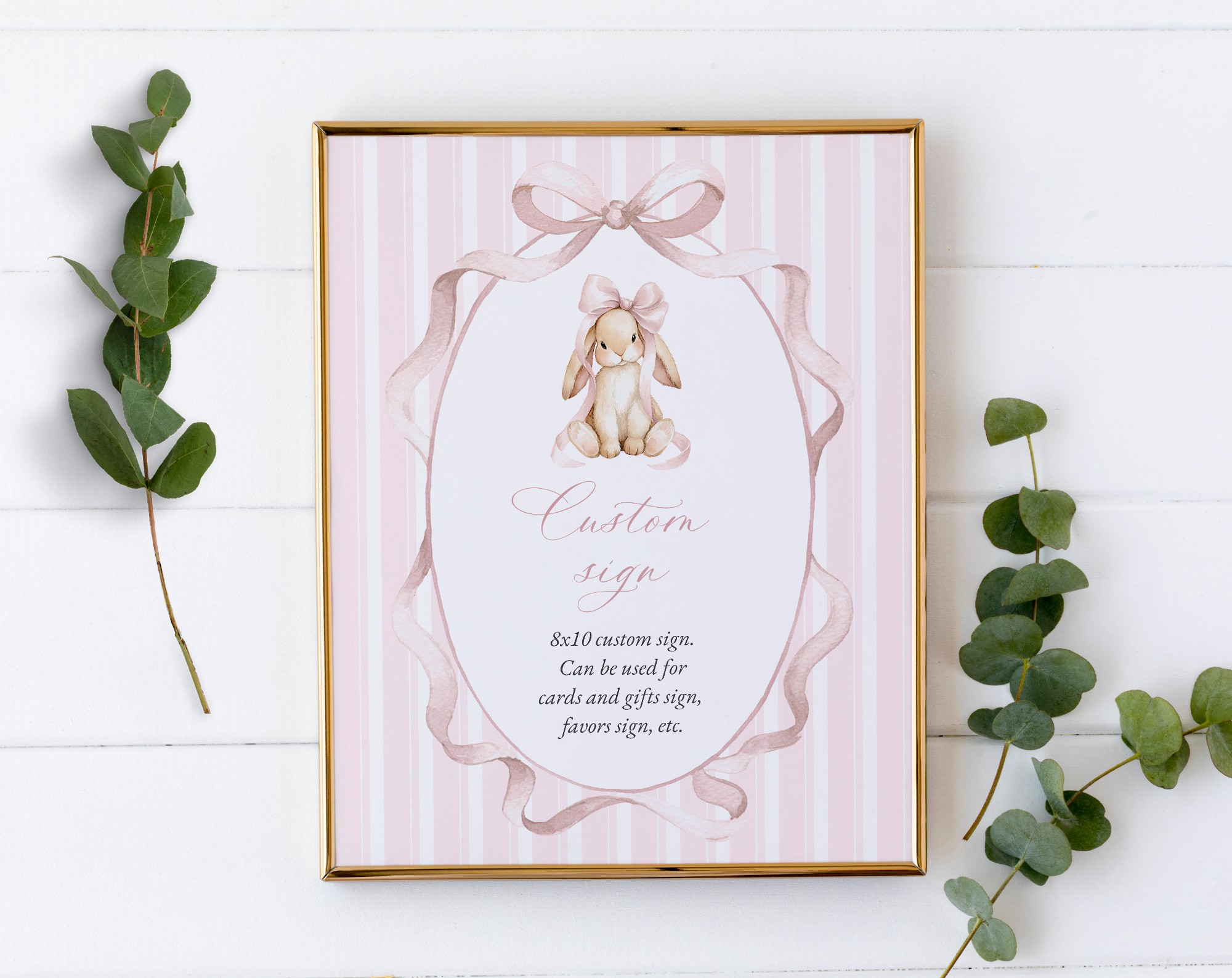 Bunny and Pink Stripes Custom Sign, Printable File, Edit Yourself, SH247 SH248