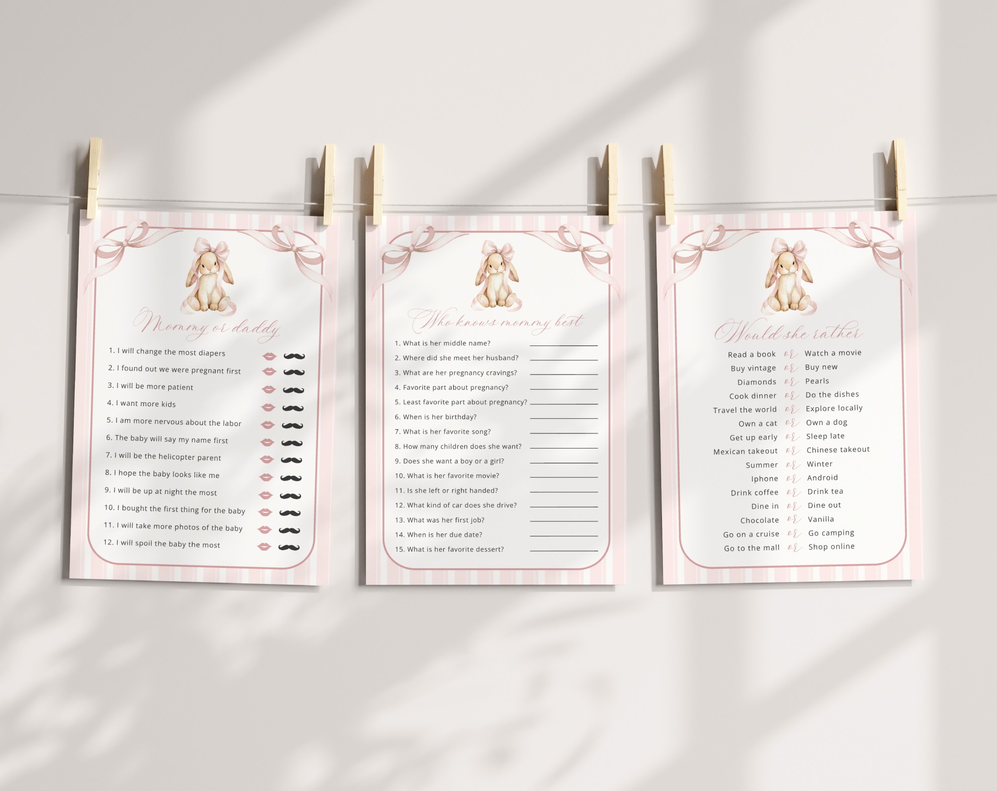 Bunny and Pink Stripes Baby Shower Games, Set of 3 Games, Girl Baby Shower, Printable File, Edit Yourself, SH247 Bunny and Pink Stripes Baby Shower Games, Set of 3 Games, Girl Baby Shower, Printable File, Edit Yourself, SH247