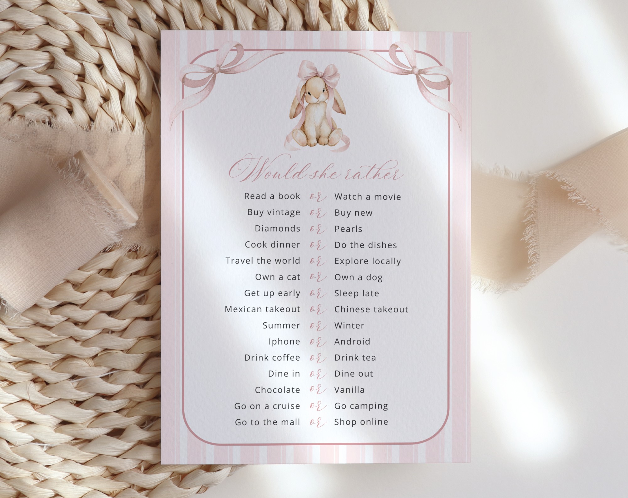 Bunny and Pink Stripes Baby Shower Games, Set of 3 Games, Girl Baby Shower, Printable File, Edit Yourself, SH247