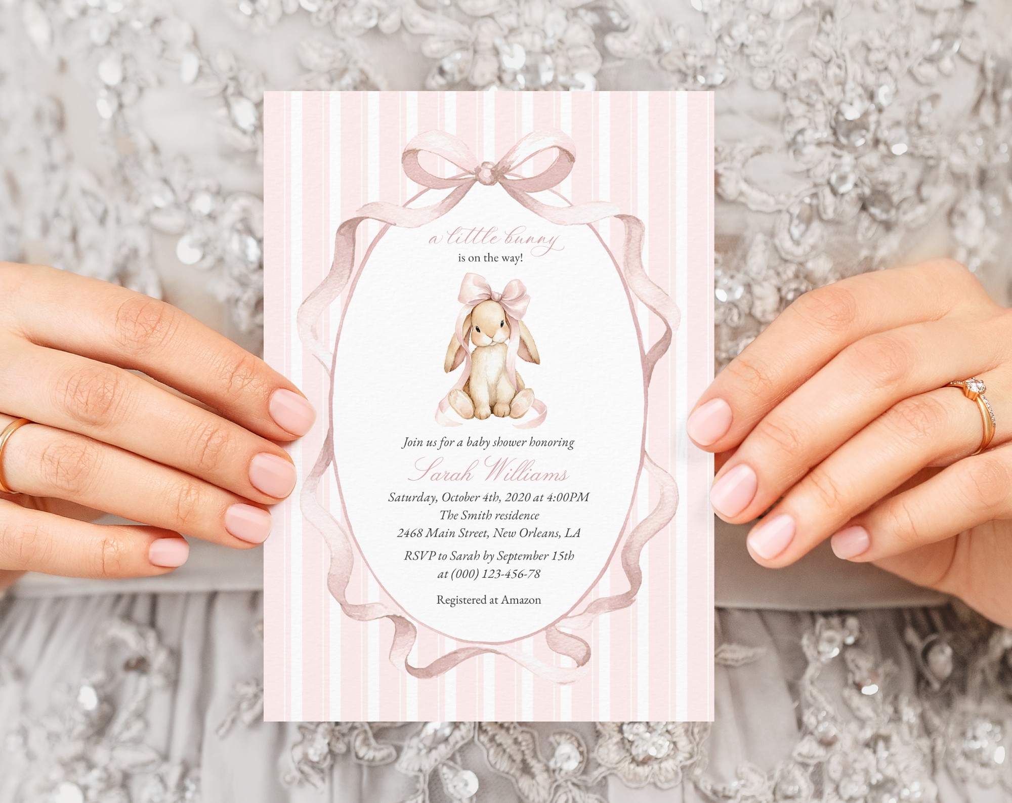 Bunny and Pink Stripes Baby Shower Invitation, Girl Baby Shower, Printable File, Edit Yourself, SH247 Bunny and Pink Stripes Baby Shower Invitation, Girl Baby Shower, Printable File, Edit Yourself, SH247