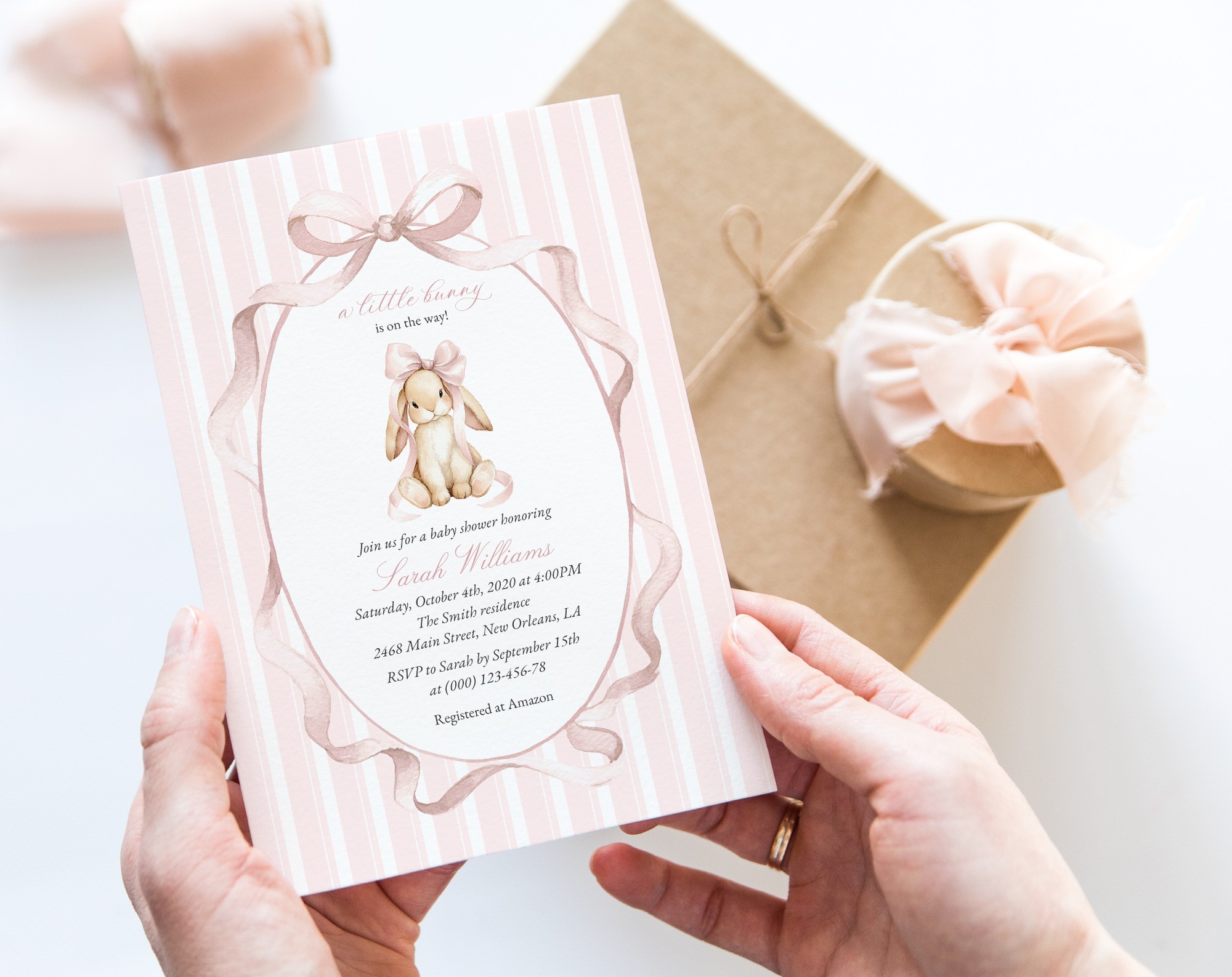 Bunny and Pink Stripes Baby Shower Invitation, Girl Baby Shower, Printable File, Edit Yourself, SH247 Bunny and Pink Stripes Baby Shower Invitation, Girl Baby Shower, Printable File, Edit Yourself, SH247