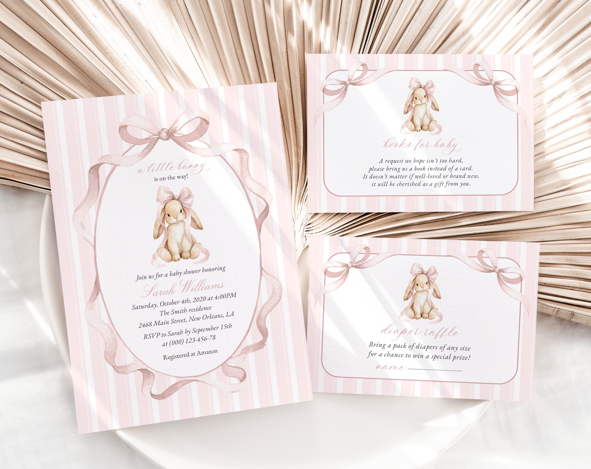 Bunny and Pink Stripes Baby Shower Invitation Suite, Girl Baby Shower, Printable File, Edit Yourself, SH247 Bunny and Pink Stripes Baby Shower Invitation Suite, Girl Baby Shower, Printable File, Edit Yourself, SH247
