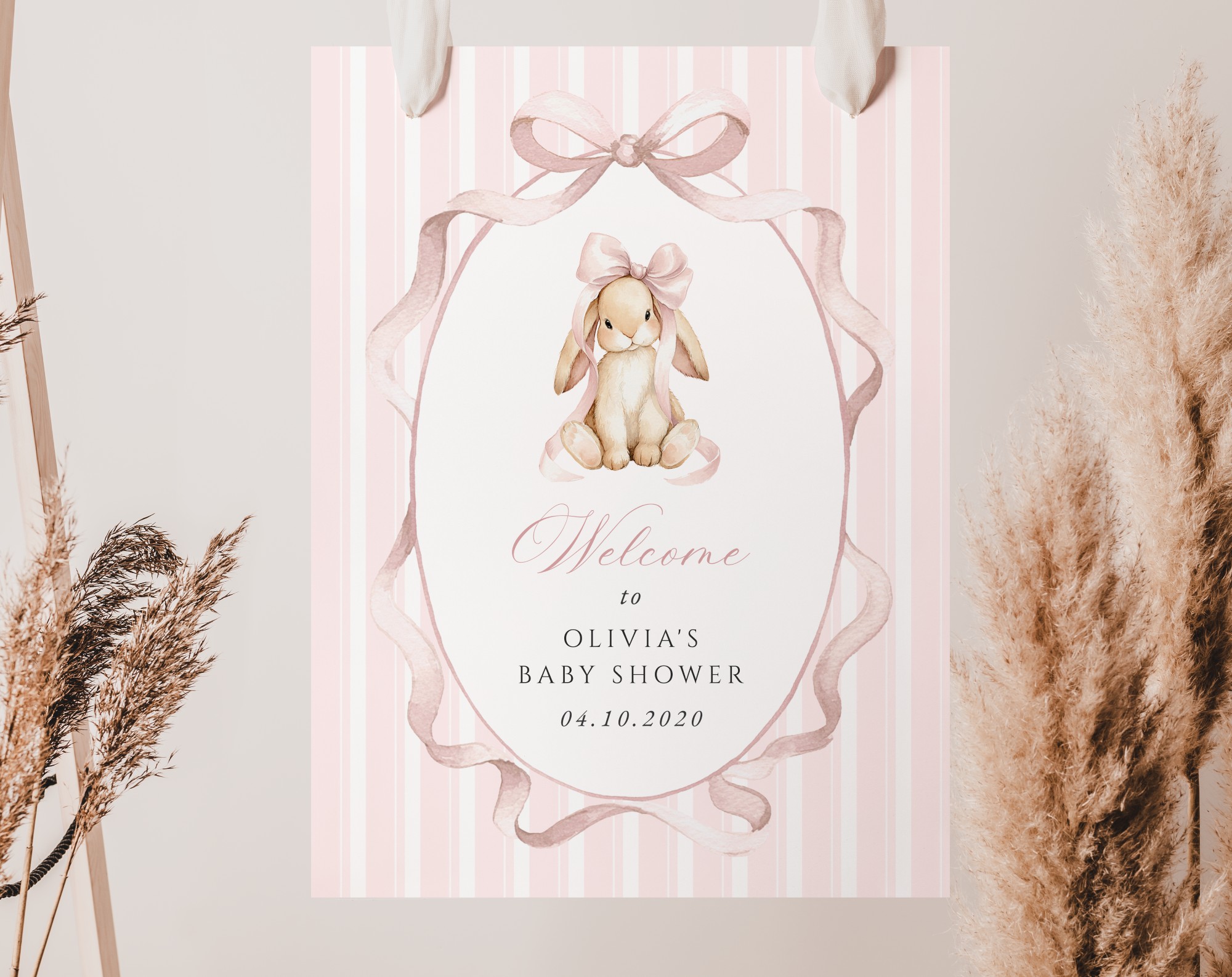 Bunny and Pink Stripes Welcome Sign, Baby Shower Sign, Girl Baby Shower, Printable File, Edit Yourself, SH247 Bunny and Pink Stripes Welcome Sign, Baby Shower Sign, Girl Baby Shower, Printable File, Edit Yourself, SH247