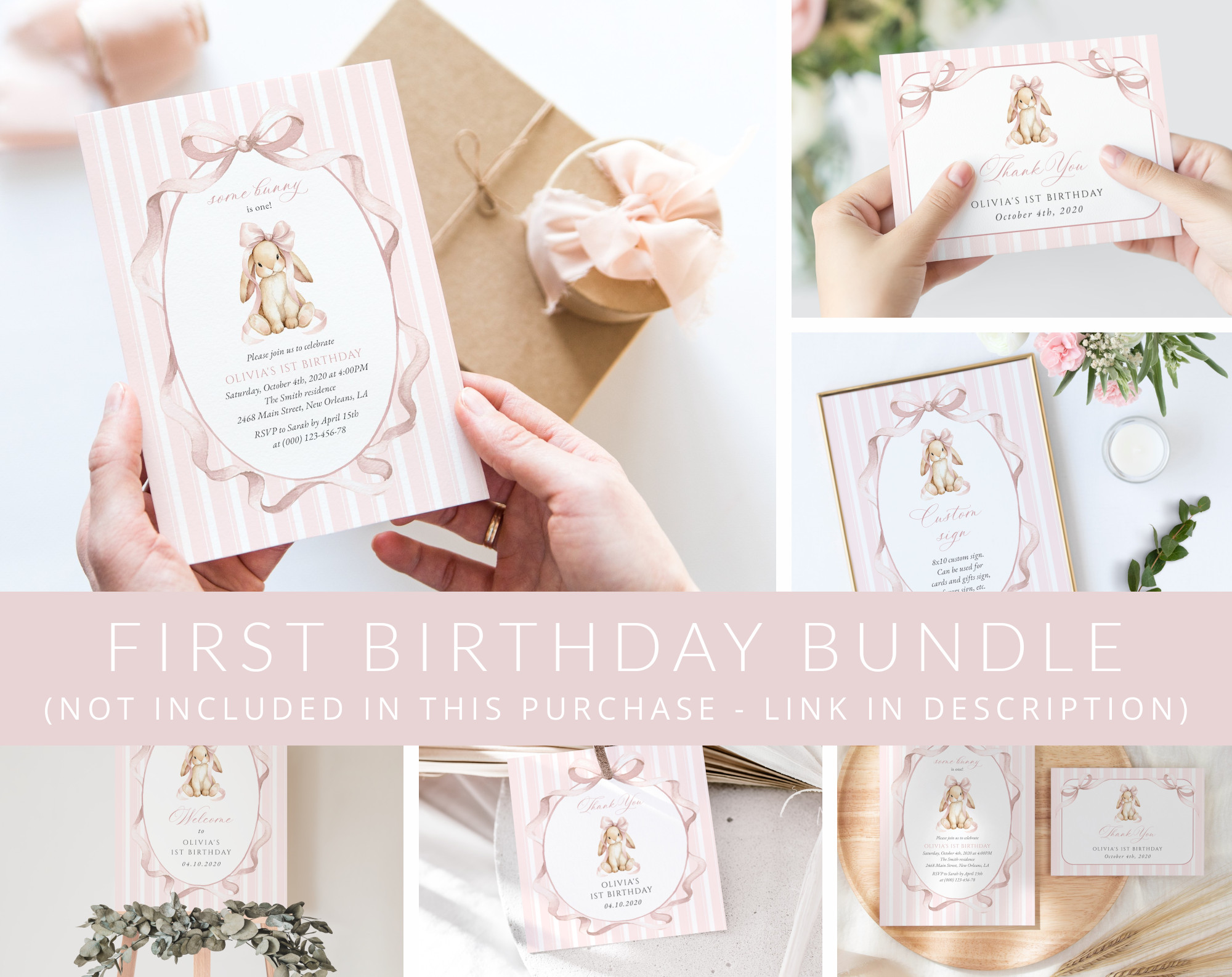 Bunny and Pink Stripes First Birthday Mini Bundle, Girl Birthday, Printable File, Edit Yourself, SH248 Bunny and Pink Stripes First Birthday Mini Bundle, Girl Birthday, Printable File, Edit Yourself, SH248