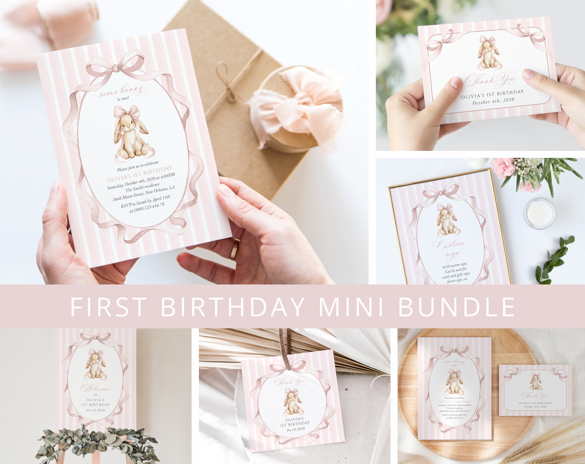 Bunny and Pink Stripes First Birthday Mini Bundle, Girl Birthday, Printable File, Edit Yourself, SH248 Bunny and Pink Stripes First Birthday Mini Bundle, Girl Birthday, Printable File, Edit Yourself, SH248