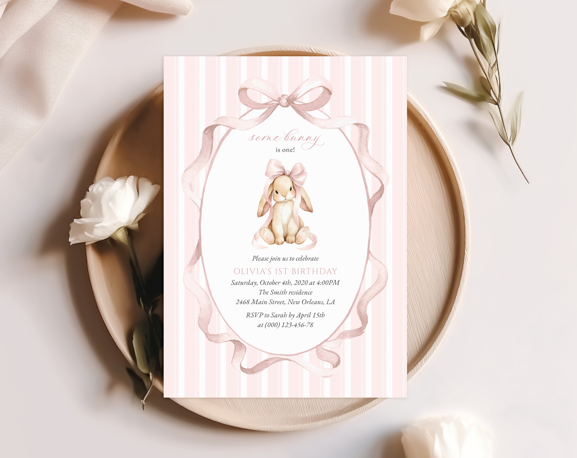 Bunny and Pink Stripes First Birthday Invitation, Birthday Stationery, Girl Birthday, Printable File, Edit Yourself, SH248