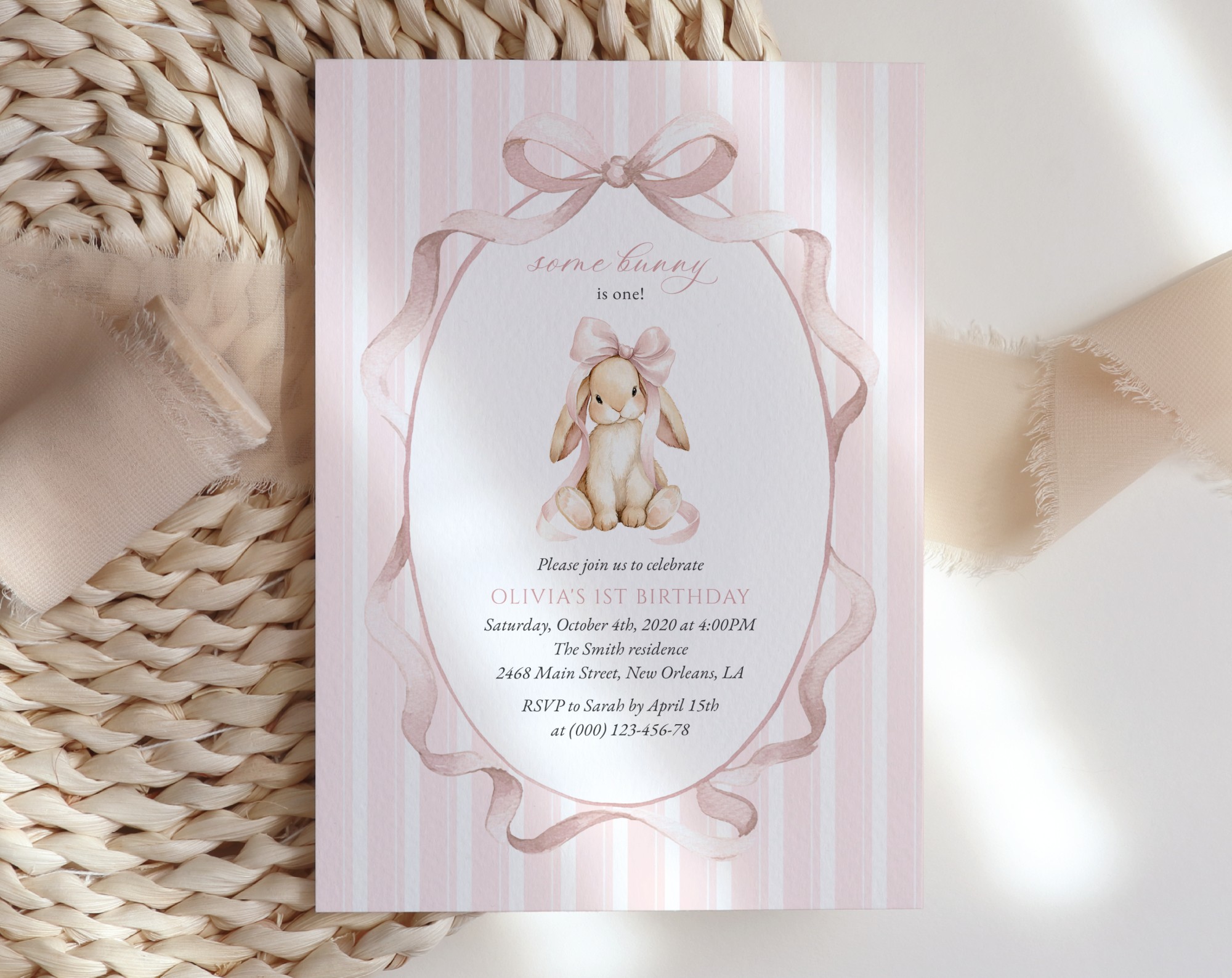 Bunny and Pink Stripes First Birthday Invitation, Birthday Stationery, Girl Birthday, Printable File, Edit Yourself, SH248