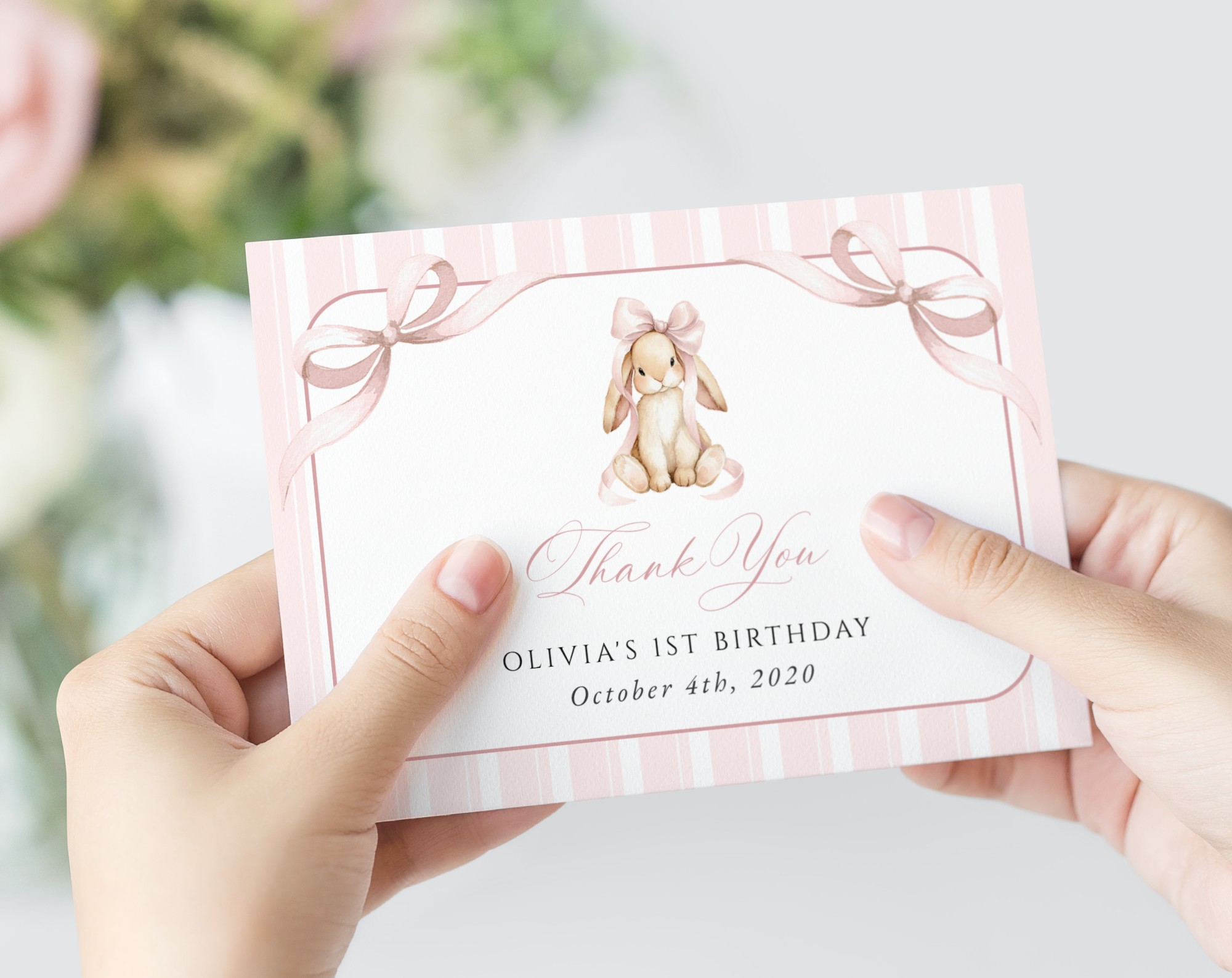 Bunny and Pink Stripes Thank You Card, First Birthday, Girl Birthday, Printable File, Edit Yourself, SH248 Bunny and Pink Stripes Thank You Card, First Birthday, Girl Birthday, Printable File, Edit Yourself, SH248