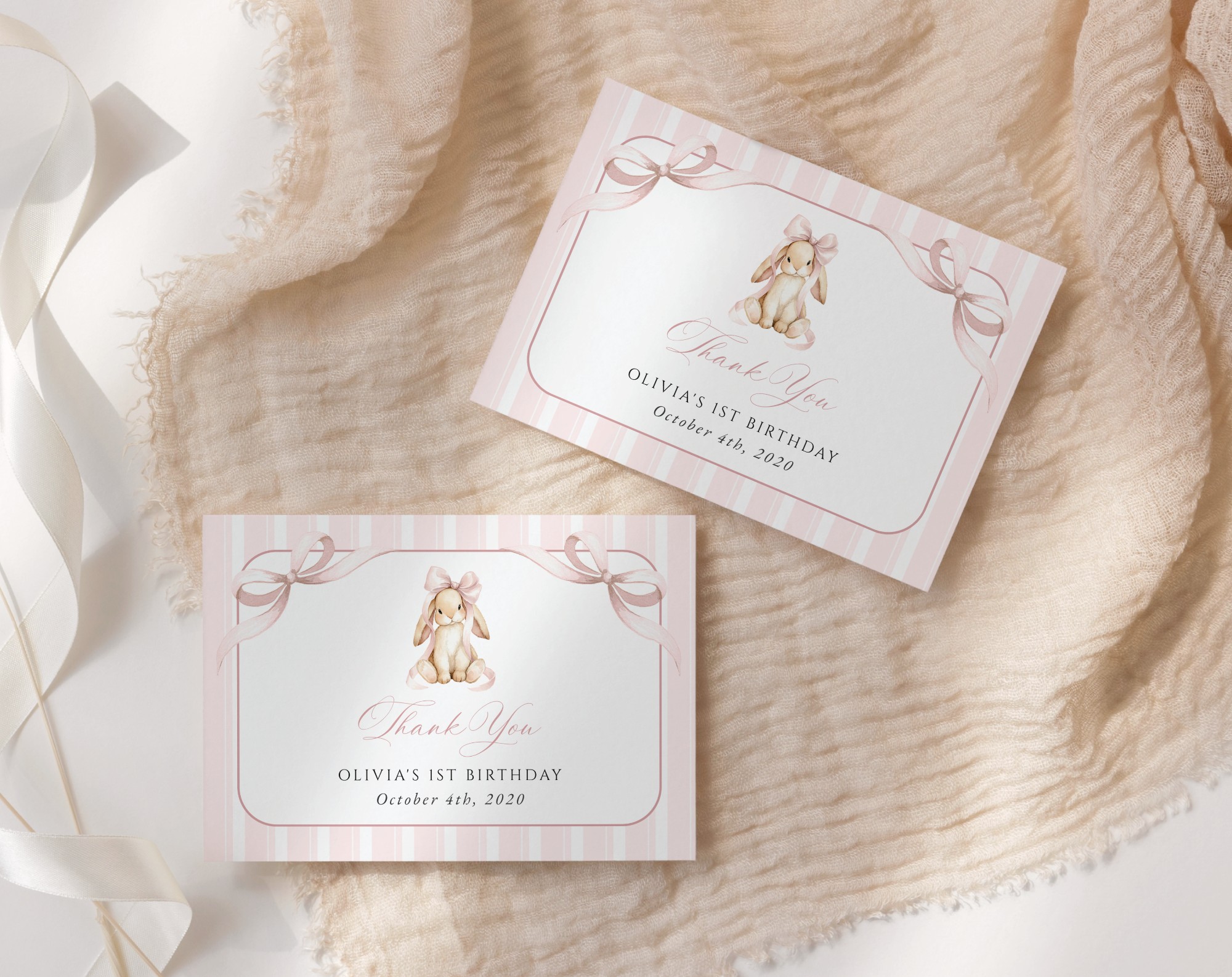 Bunny and Pink Stripes Thank You Card, First Birthday, Girl Birthday, Printable File, Edit Yourself, SH248 Bunny and Pink Stripes Thank You Card, First Birthday, Girl Birthday, Printable File, Edit Yourself, SH248