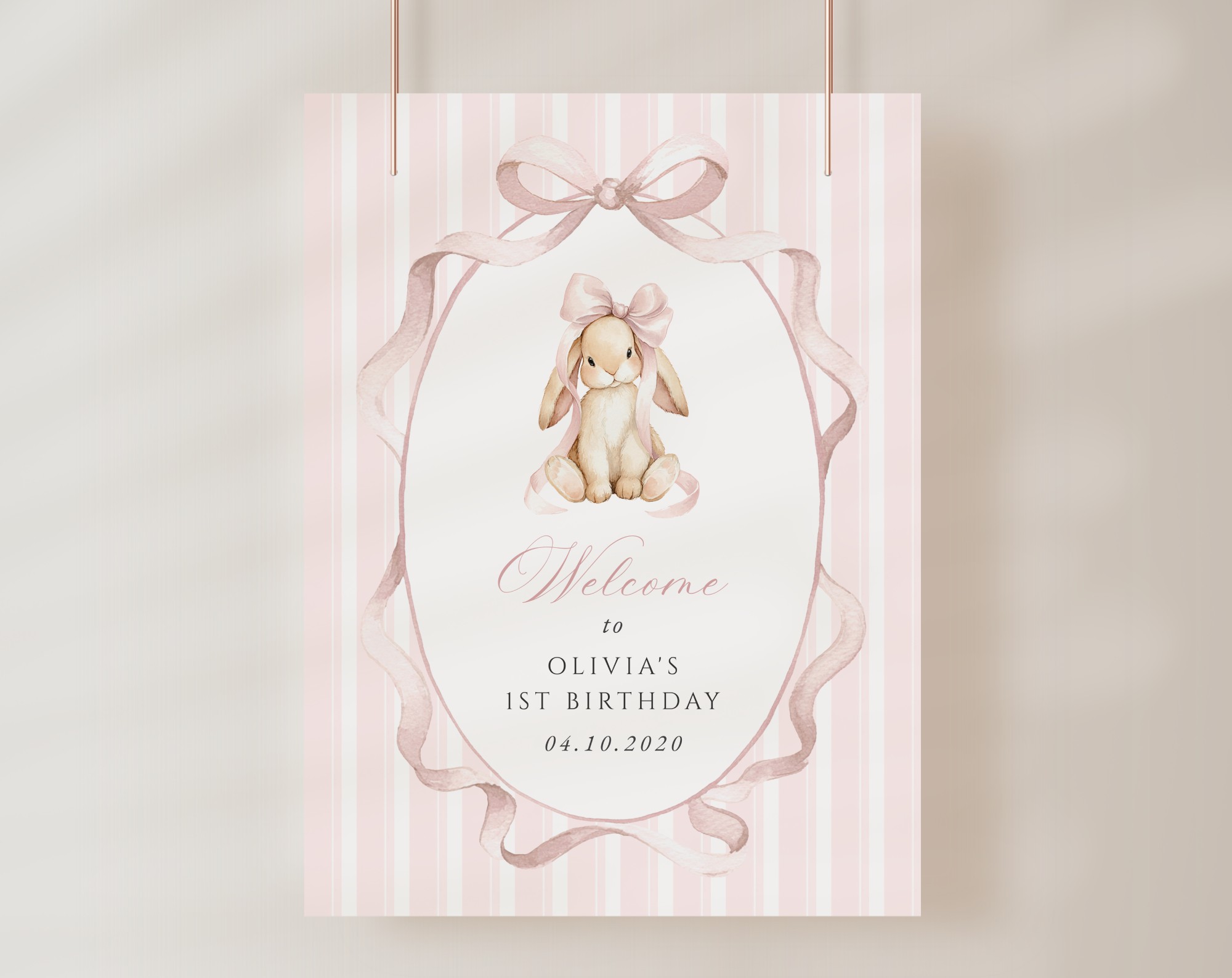 Bunny and Pink Stripes Welcome Sign, First Birthday, Girl Birthday, Printable File, Edit Yourself, SH248