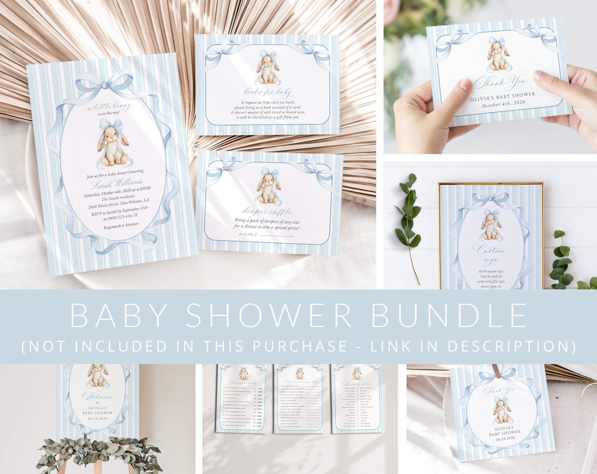 Bunny and Blue Stripes Baby Shower Mini Bundle, Boy Baby Shower, Printable File, Edit Yourself, SH249