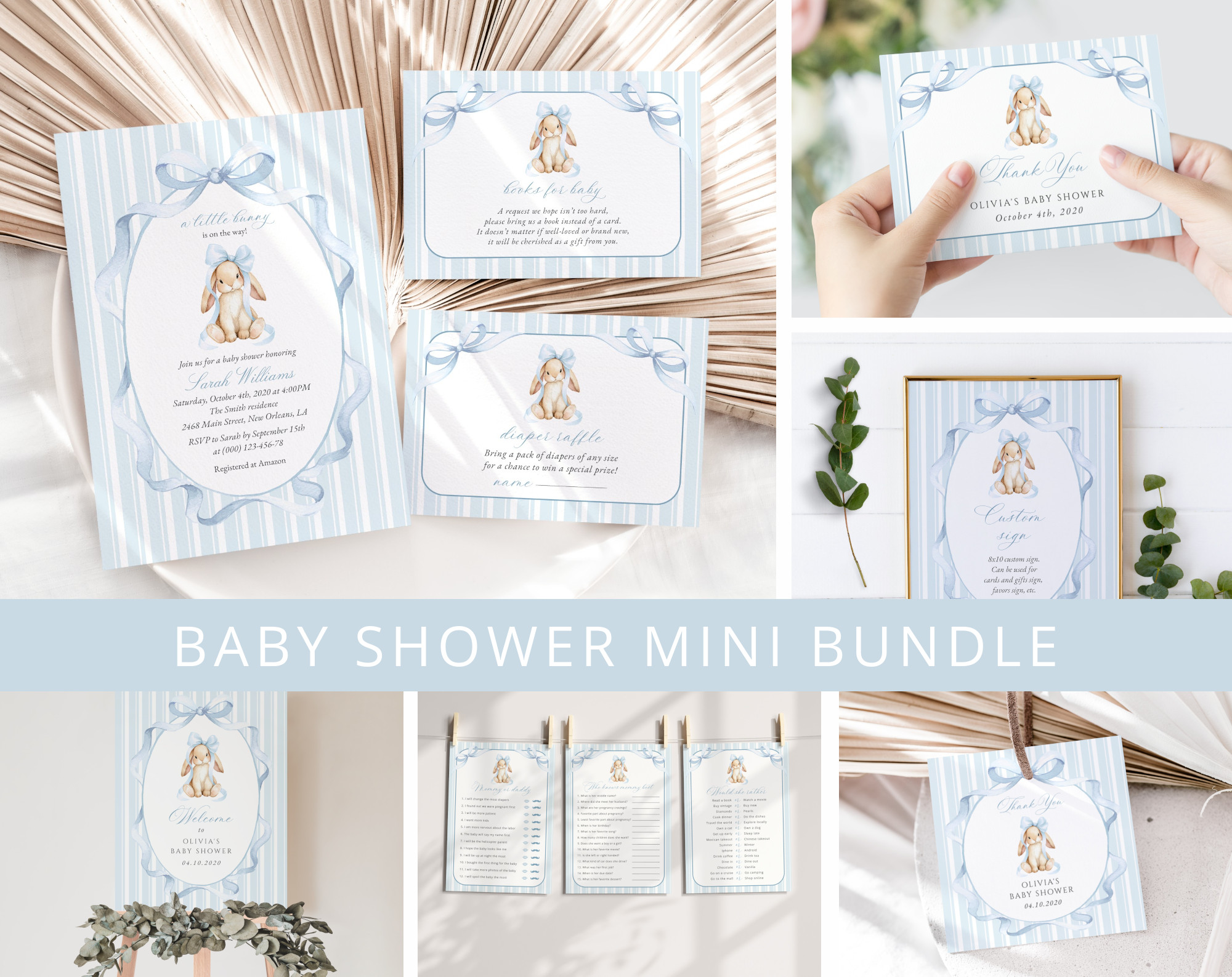 Bunny and Blue Stripes Baby Shower Mini Bundle, Boy Baby Shower, Printable File, Edit Yourself, SH249