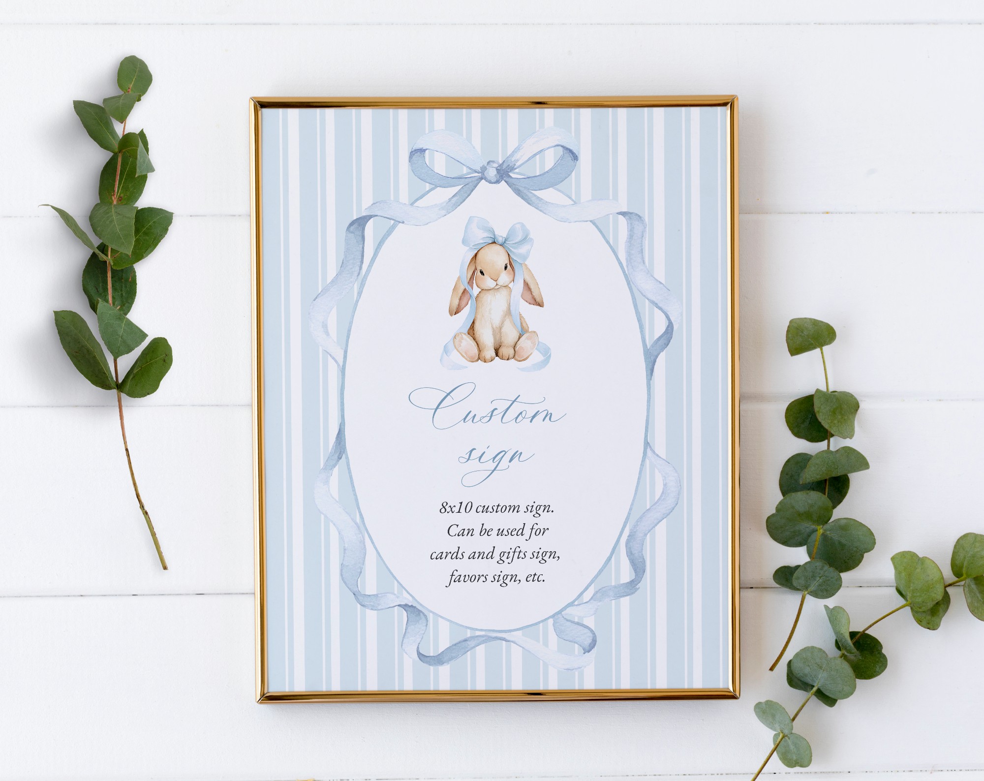 Bunny and Blue Stripes Custom Sign, Printable File, Edit Yourself, SH249 SH250