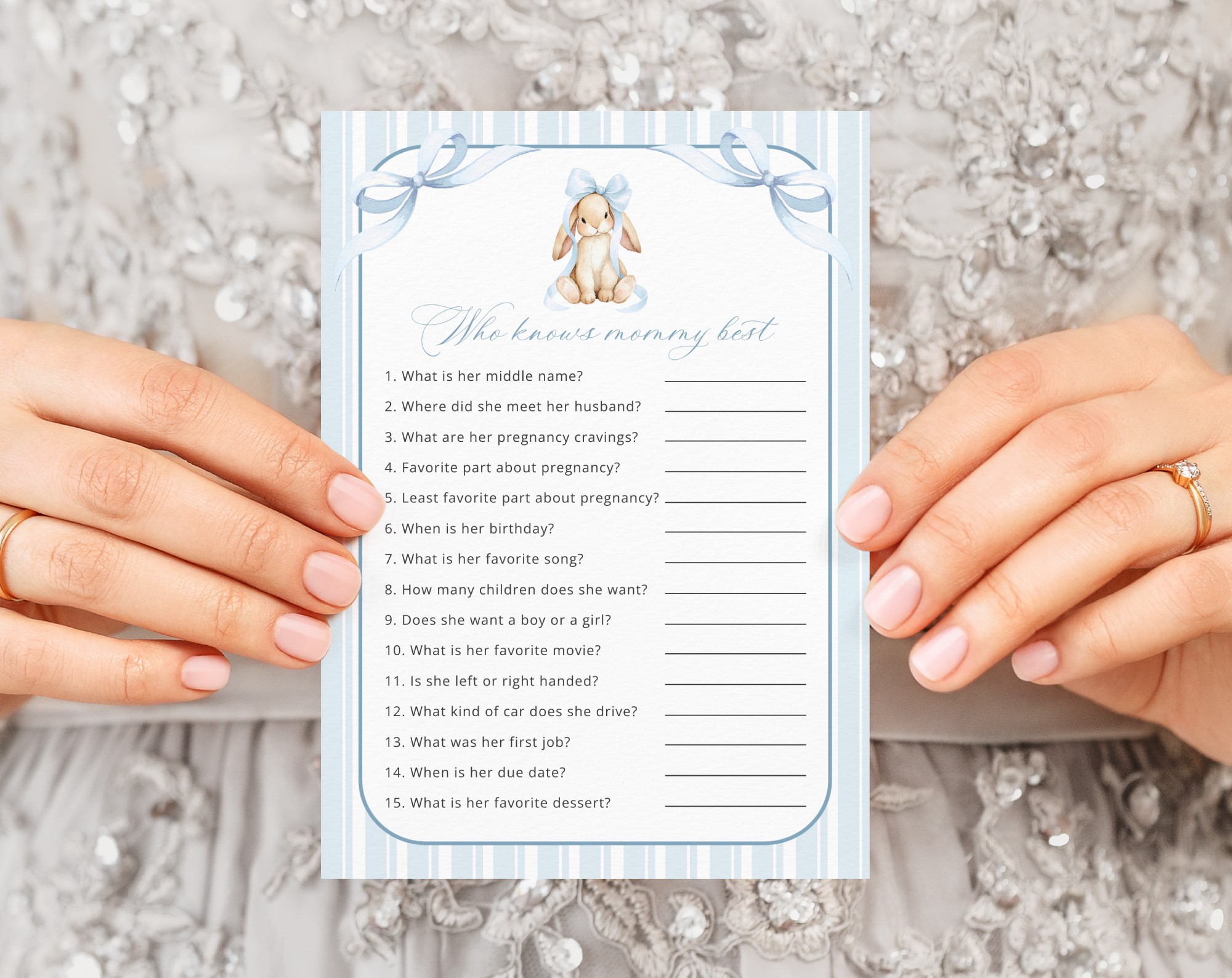 Bunny and Blue Stripes Baby Shower Games, Set of 3 Games, Boy Baby Shower, Printable File, Edit Yourself, SH249
