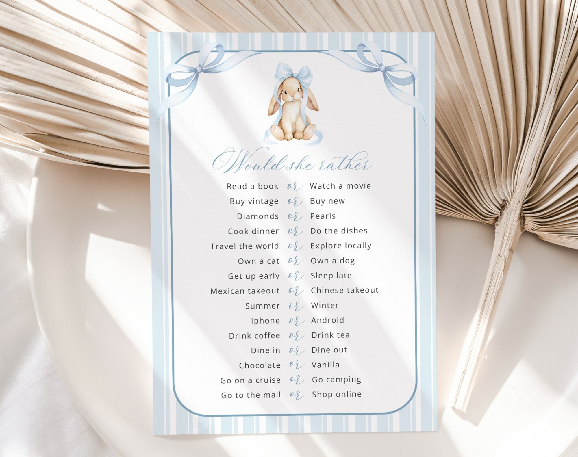 Bunny and Blue Stripes Baby Shower Games, Set of 3 Games, Boy Baby Shower, Printable File, Edit Yourself, SH249