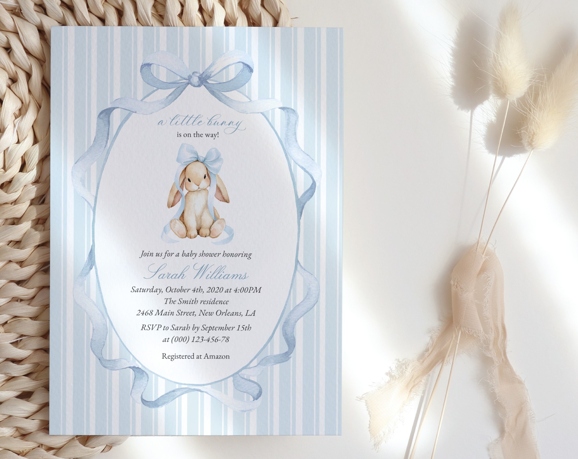 Bunny and Blue Stripes Baby Shower Invitation, Boy Baby Shower, Printable File, Edit Yourself, SH249