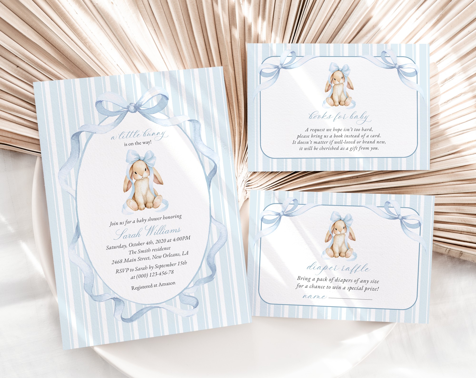 Bunny and Blue Stripes Baby Shower Invitation Suite, Boy Baby Shower, Printable File, Edit Yourself, SH249