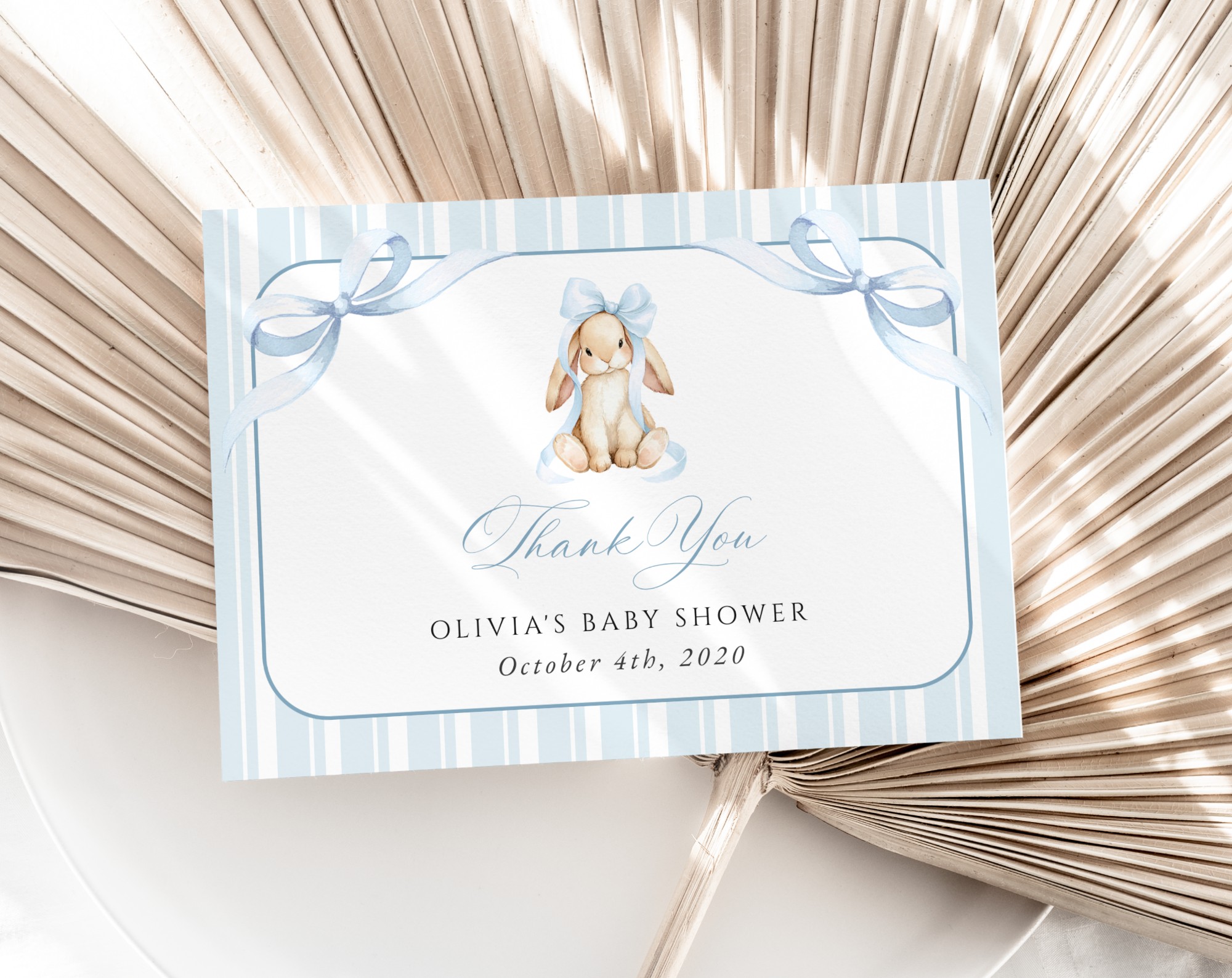Bunny and Blue Stripes Thank You Card, Boy Baby Shower, Printable File, Edit Yourself, SH249